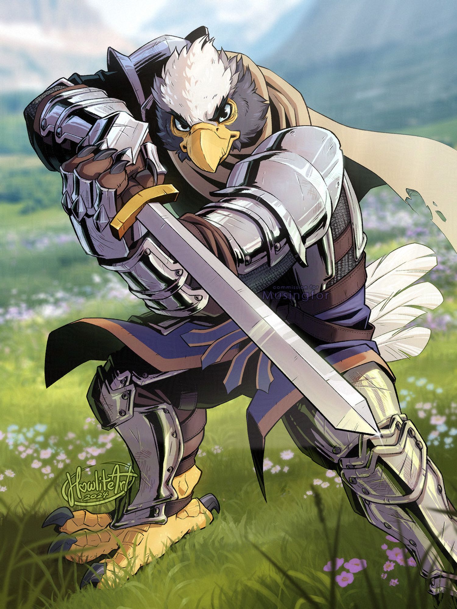 Digital art of an anthro eagle knight dressed in shiny silver armor, in a sunny mountain meadow. He is in a battle-ready pose, sword lifted up in front of him, facing the viewer with a stern expression.