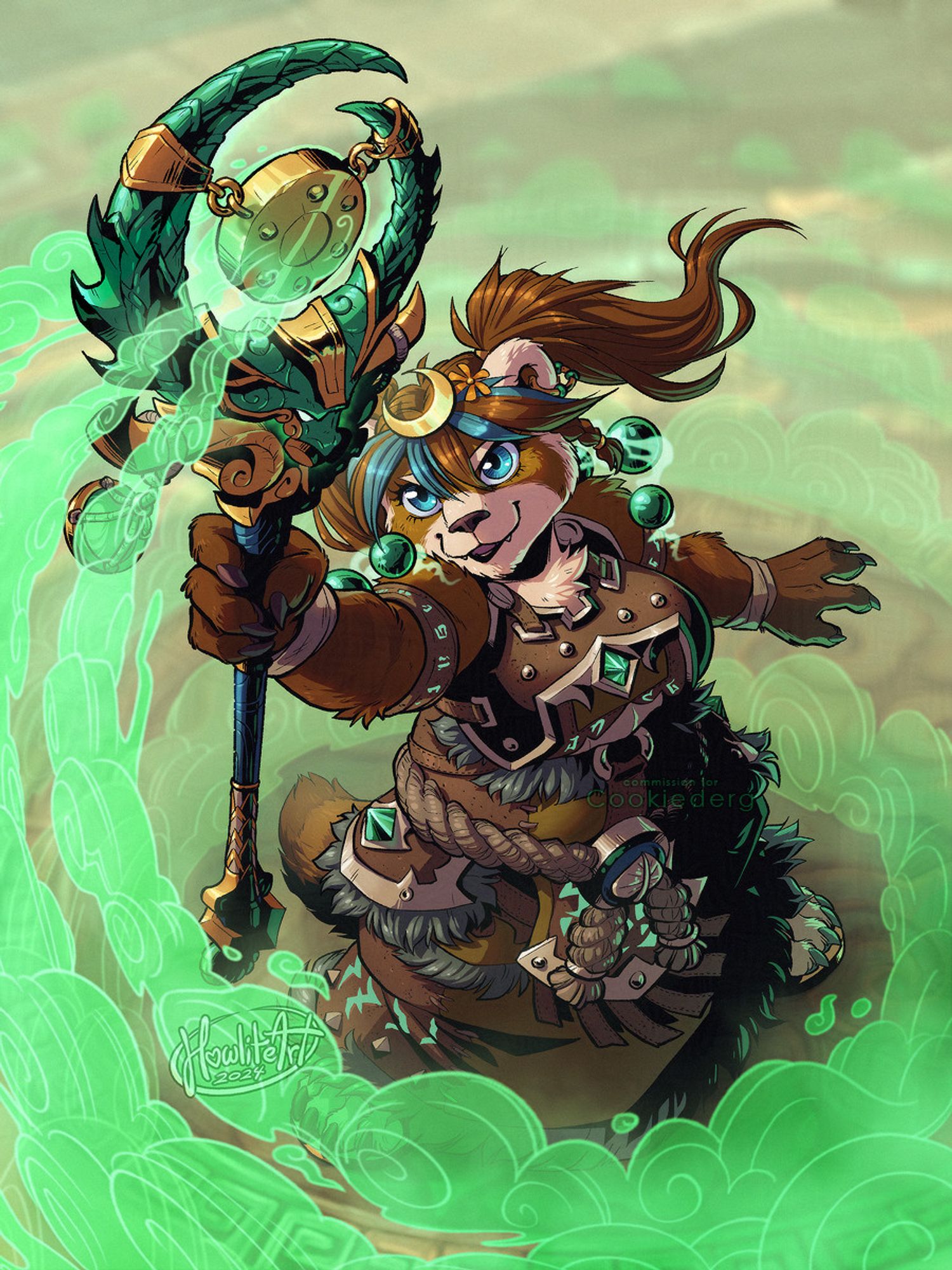 Digital art of a female pandaren with long pigtails, dressed in brown and green robes. She is seen from above, holding a serpentine staff above her head. Jade mists spiral on the ground around her, eventually rising up in the foreground to be absorbed by the head of the staff.