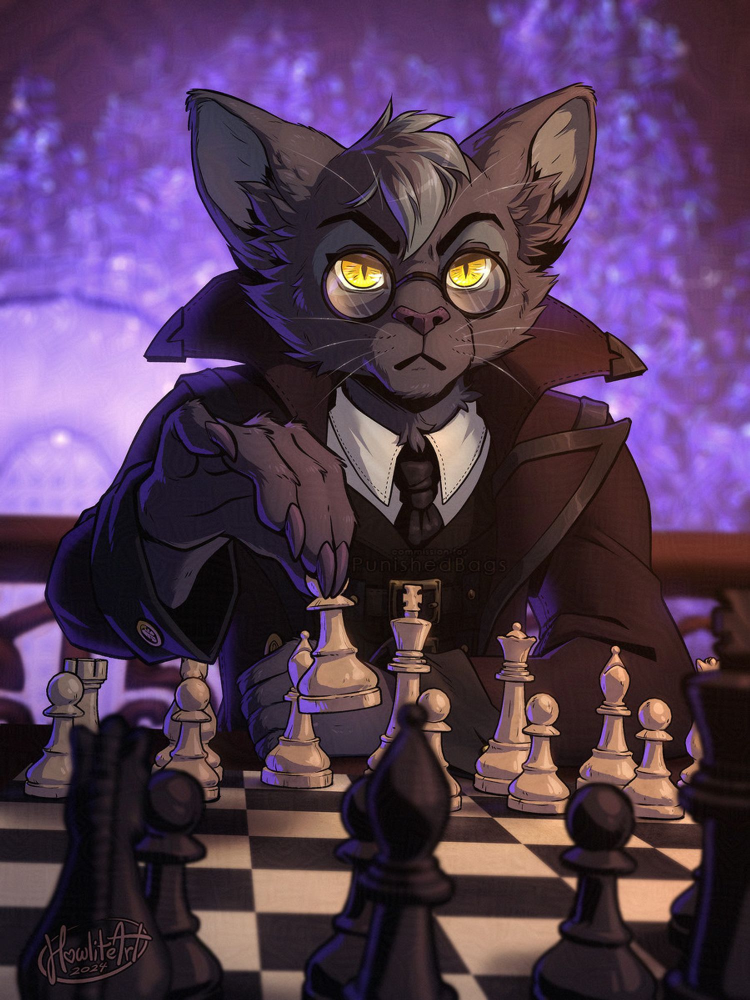 Digital art of a black cat furry in glasses and a fancy high-collared coat. He is seen from the waist-up, seated at a chess game, one hand raised holding a white pawn as he regards his opponent with a serious expression. The wall behind him is covered in glowing purple ivy, illuminating him from behind.