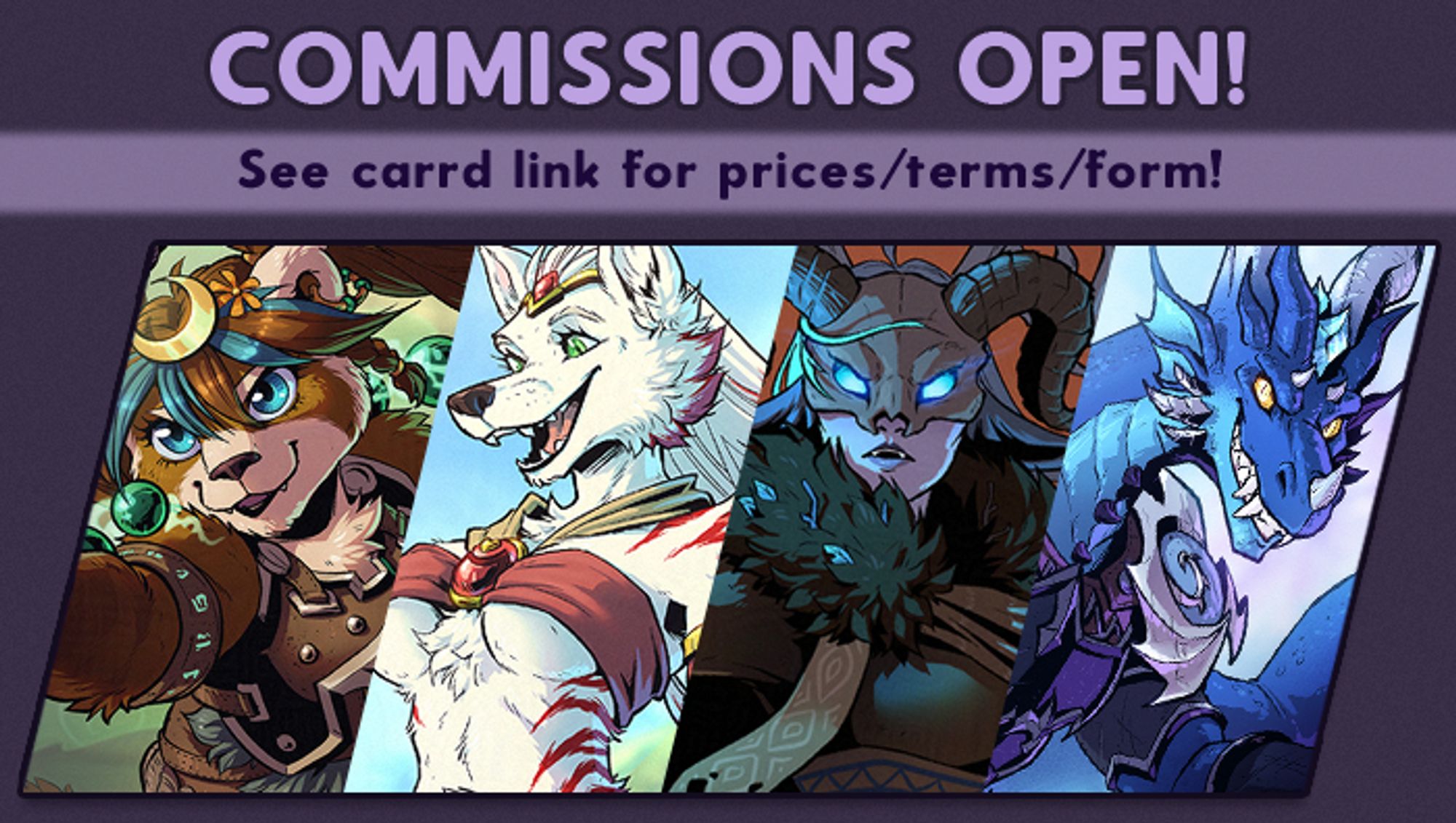 A graphic with the text 'Commissions Open!' at the header, with 'See carrd link for prices/terms/form!' below it. Underneath that are four cropped illustration examples by the artist.