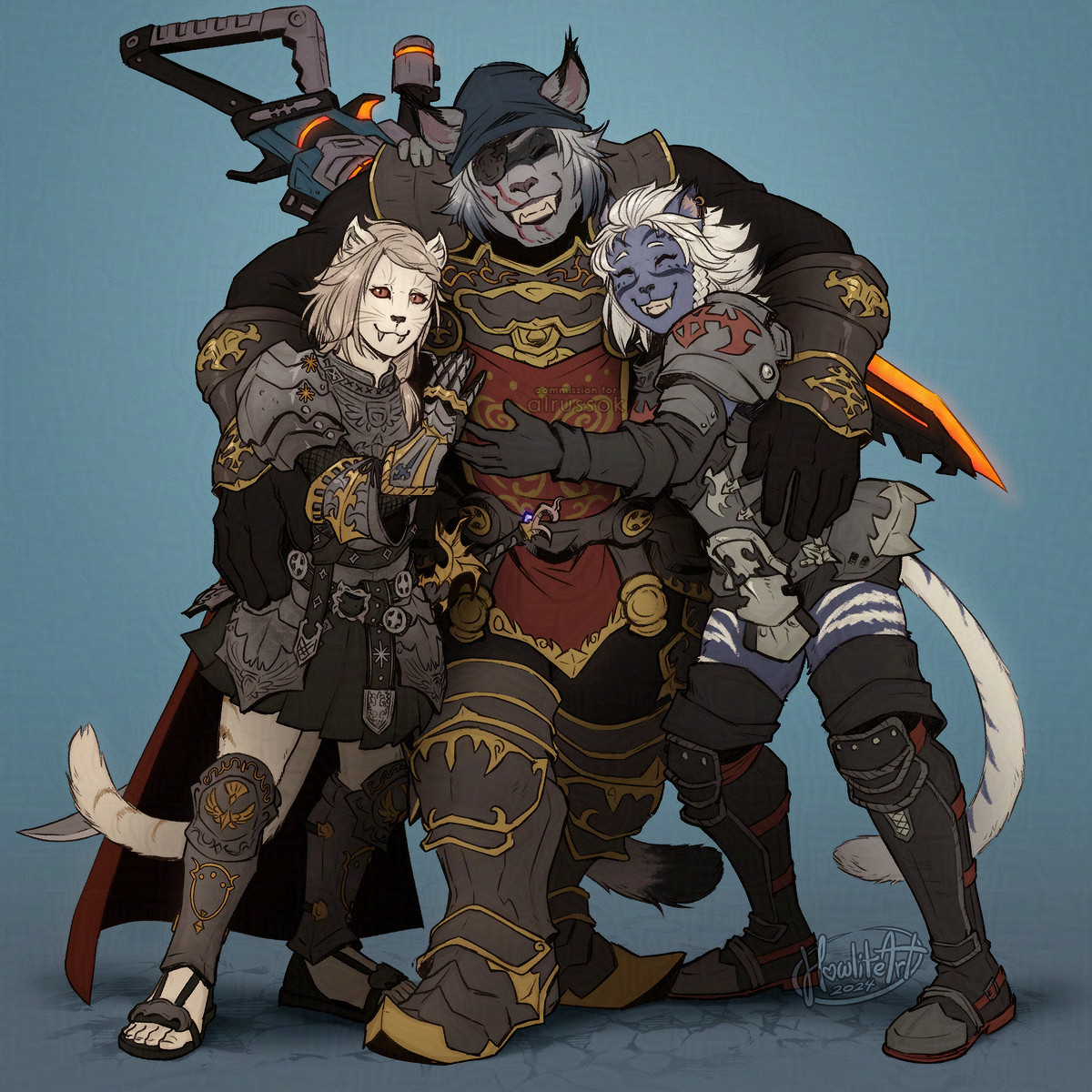 Digital art of three hrothgar (feline anthros), two female and one male, in a loose group hug. They are wearing dark armor with intricate details. The male in the middle is grinning widely with his arms around the two ladies on either side of him - the left one with a reserved smile, hand on his chest, and the right one hugging his side with a matching big grin.