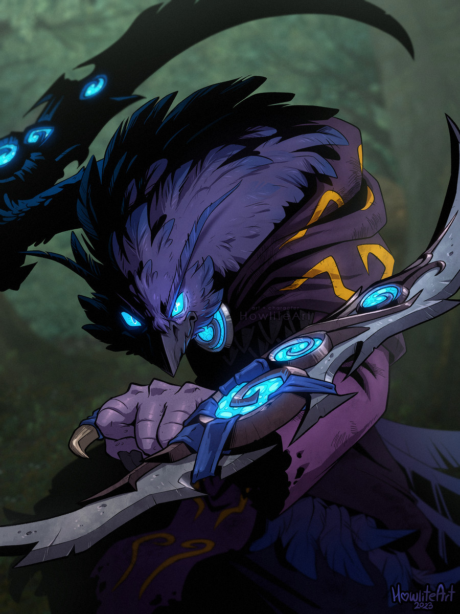 A purple cursed arakkoa (wingless bird anthro), half concealed in dark shadows, battle-ready with his two wingblades raised up. His eyes and the gems on his weapons and clothes are glowing bright blue.