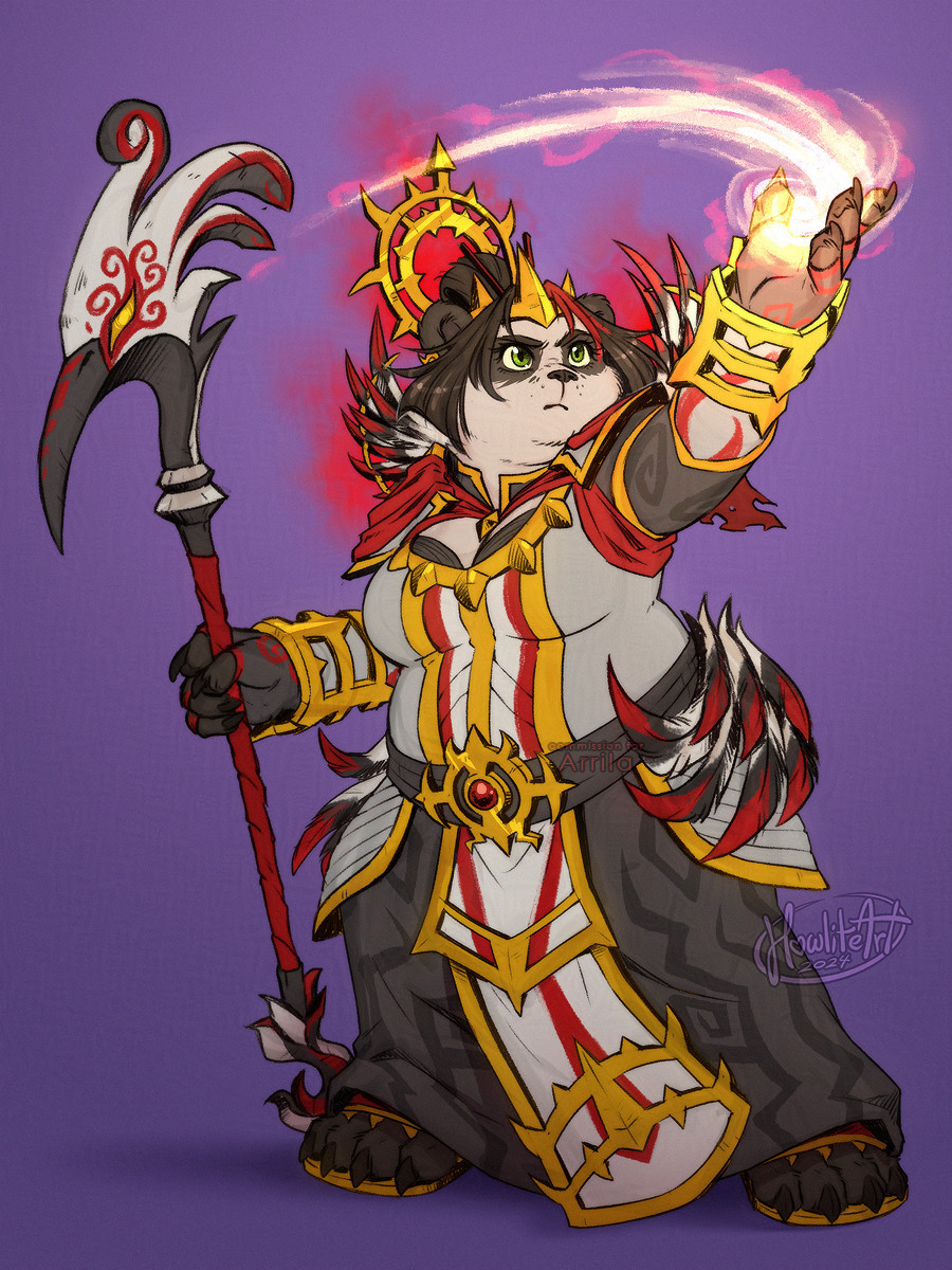 Digital art of a female pandaren priest dressed in white and black robes trimmed with gold and red, with feathers at her hips and shoulders, holding a crane-headed staff with similar coloring. She has her free hand raised, casting a spell of golden light, with a determined expression on her face.