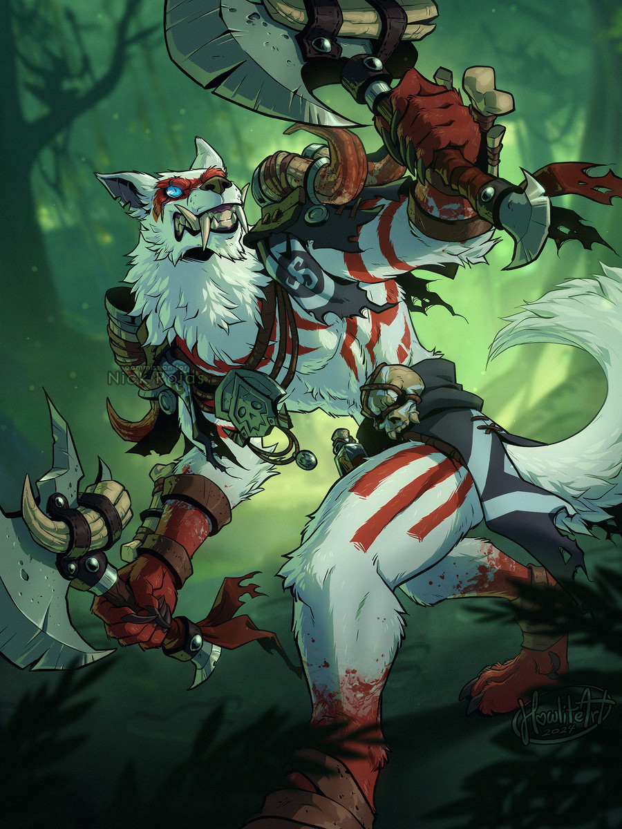 Digital art of a male, white-furred Worgen with blood red body paint and very little armor. He is stalking through the jungle, snarling at something above him with his axe-holding arm raised high, another axe in his other hand. There are troll footprints in the dirt around him, their silhouettes visible in the distant trees.