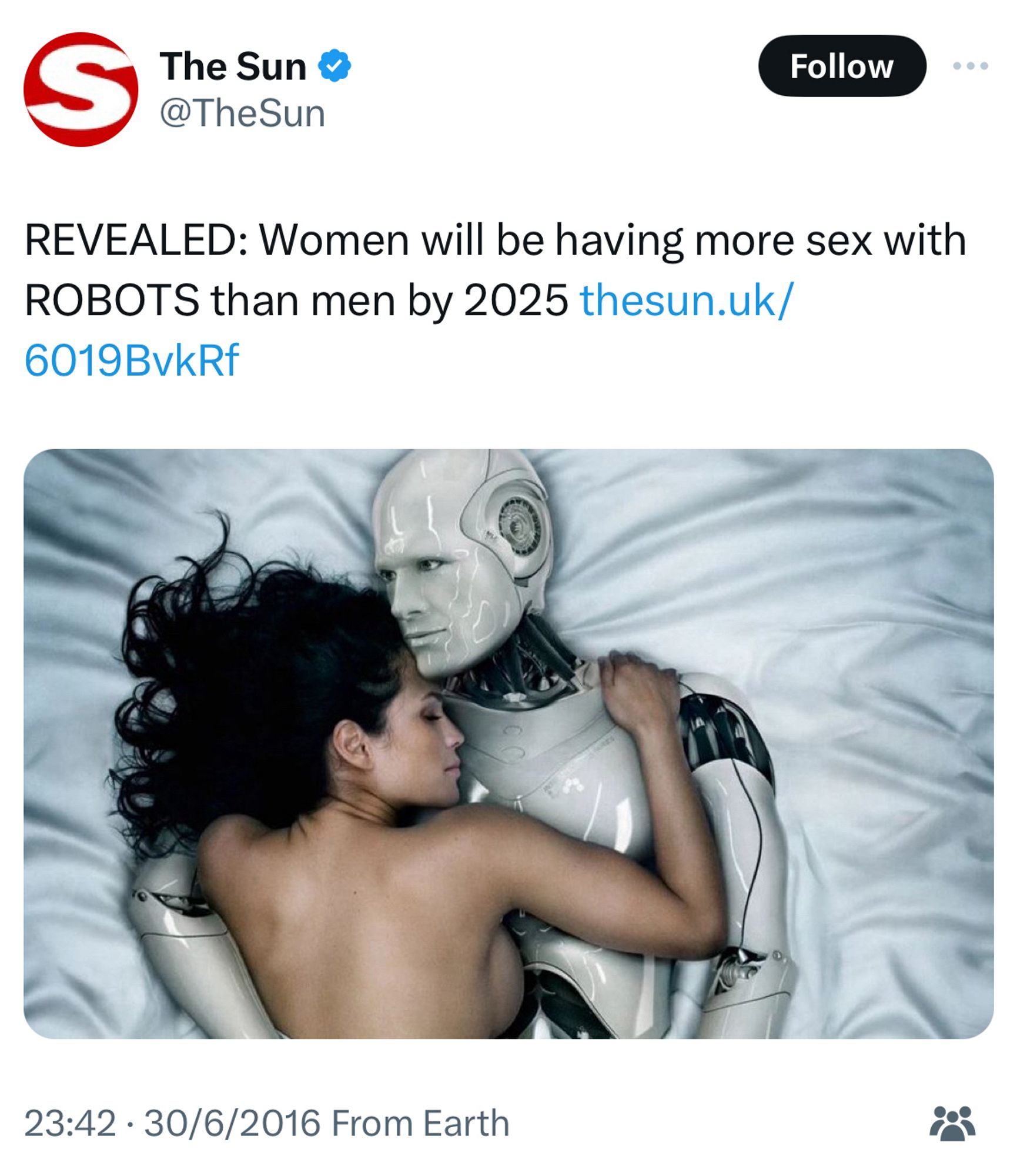 Sun headline from 30/6/2016:
REVEALED: Women will be having more sex with ROBOTS than men by 2025.