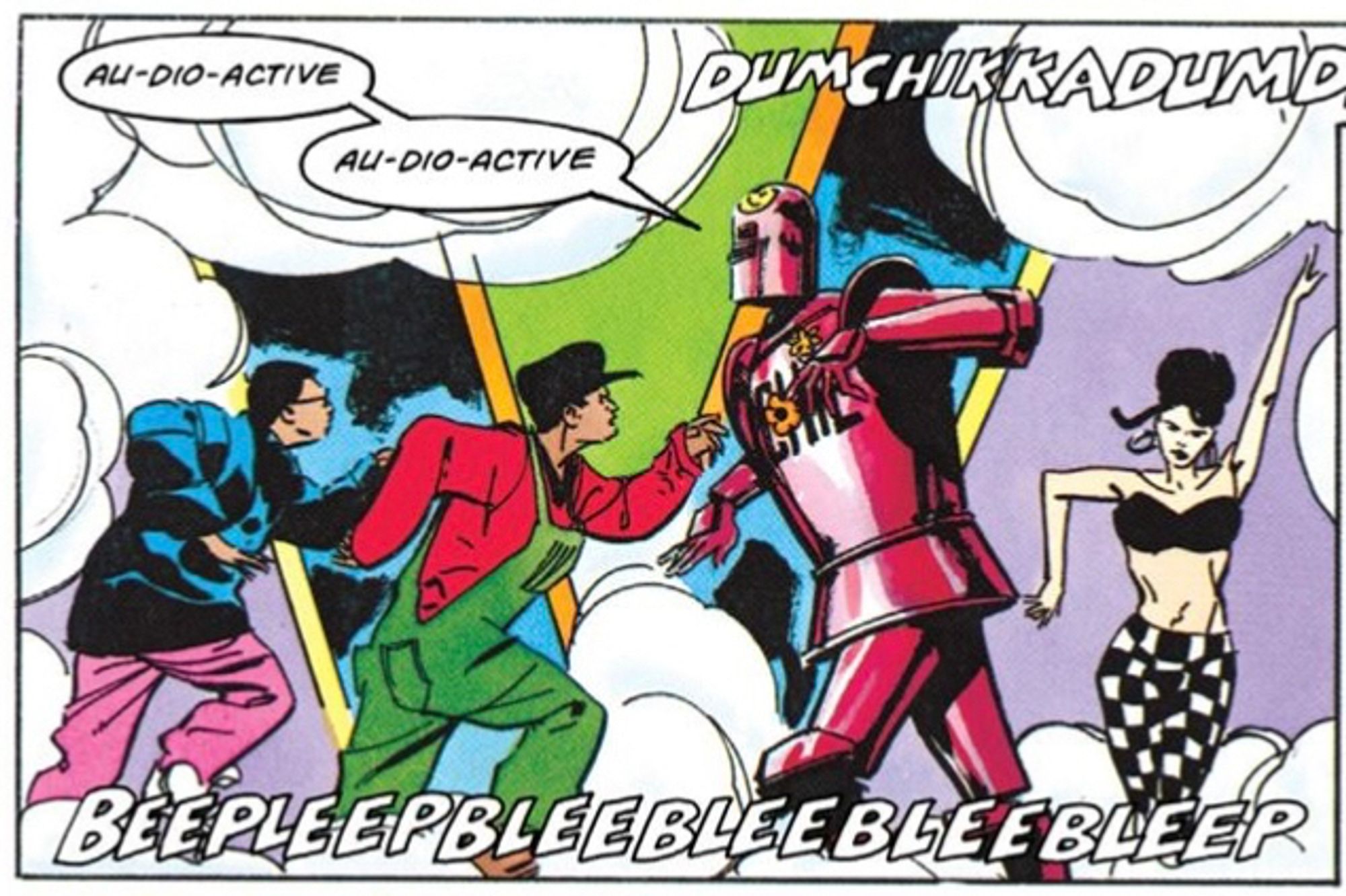 A scene from a fictional Top Of The Pops by Grant Morrison and Steve Yeowell. ACID ARCHIE, a large red robot, is singing “AU - DIO - ACTIVE” over bleeps and clanks. Backing dancers in vaguely B Boyish outfits groove in the background amidst dry ice.