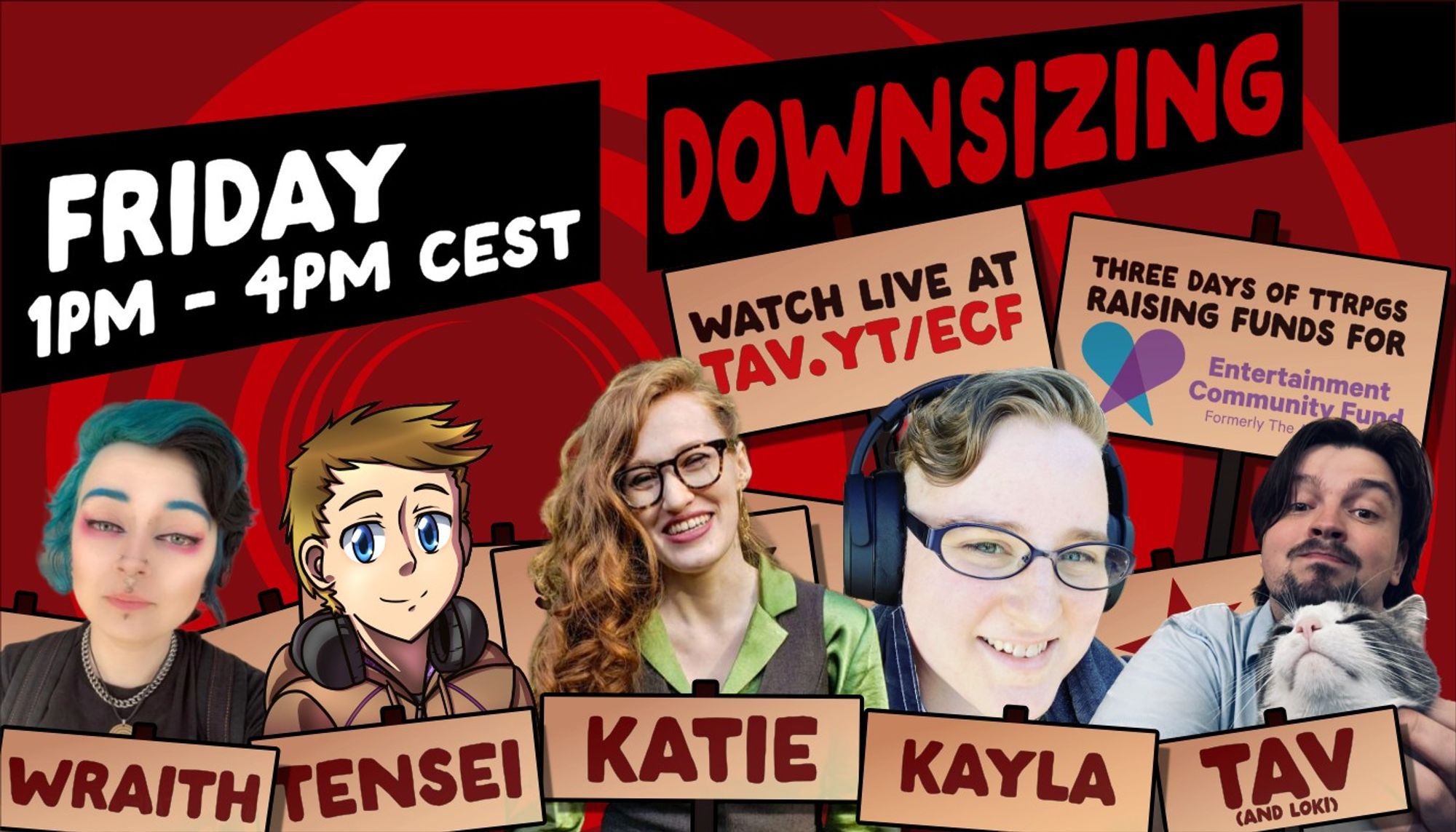 A poster for Downsizing (Friday 1PM - 4PM CEST). The cast members appear on the poster in the following order: Wraith, Tensei, Katie, Kayla, and Tav.