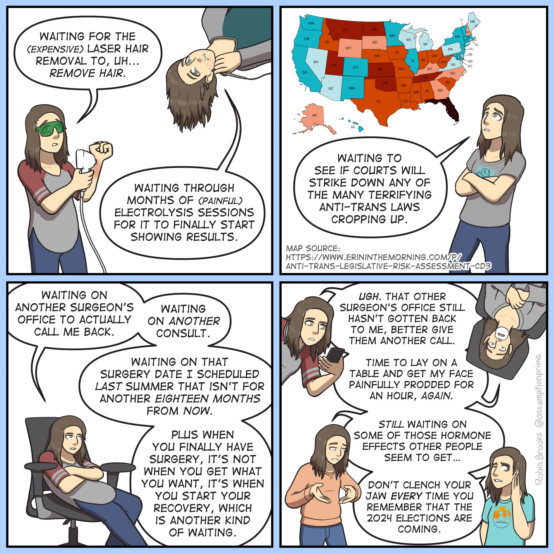 (Dialogue only to fit) P5: "Waiting for the (expensive) laser hair removal to, uh... remove hair. Waiting through months of (painful) electrolysis sessions for it to finally start showing results."
P6: "Waiting to see if courts will strike down any of the many terrifying anti-trans laws cropping up."
P7: "Waiting on another surgeon’s office to actually call me back. Waiting on another consult. Waiting on that surgery date I scheduled last summer that isn't for another eighteen months from now. Plus when you finally have surgery, it's not when you get what you want, it's when you start your recovery, which is another kind of waiting."
P8: "Ugh. That other surgeon’s office still hasn't gotten back to me, better give them another call. Time to lay on a table and get my face painfully prodded for an hour, again. Still waiting on some of those hormone effects other people seem to get… Don’t clench your jaw every time you remember that the 2024 elections are coming."