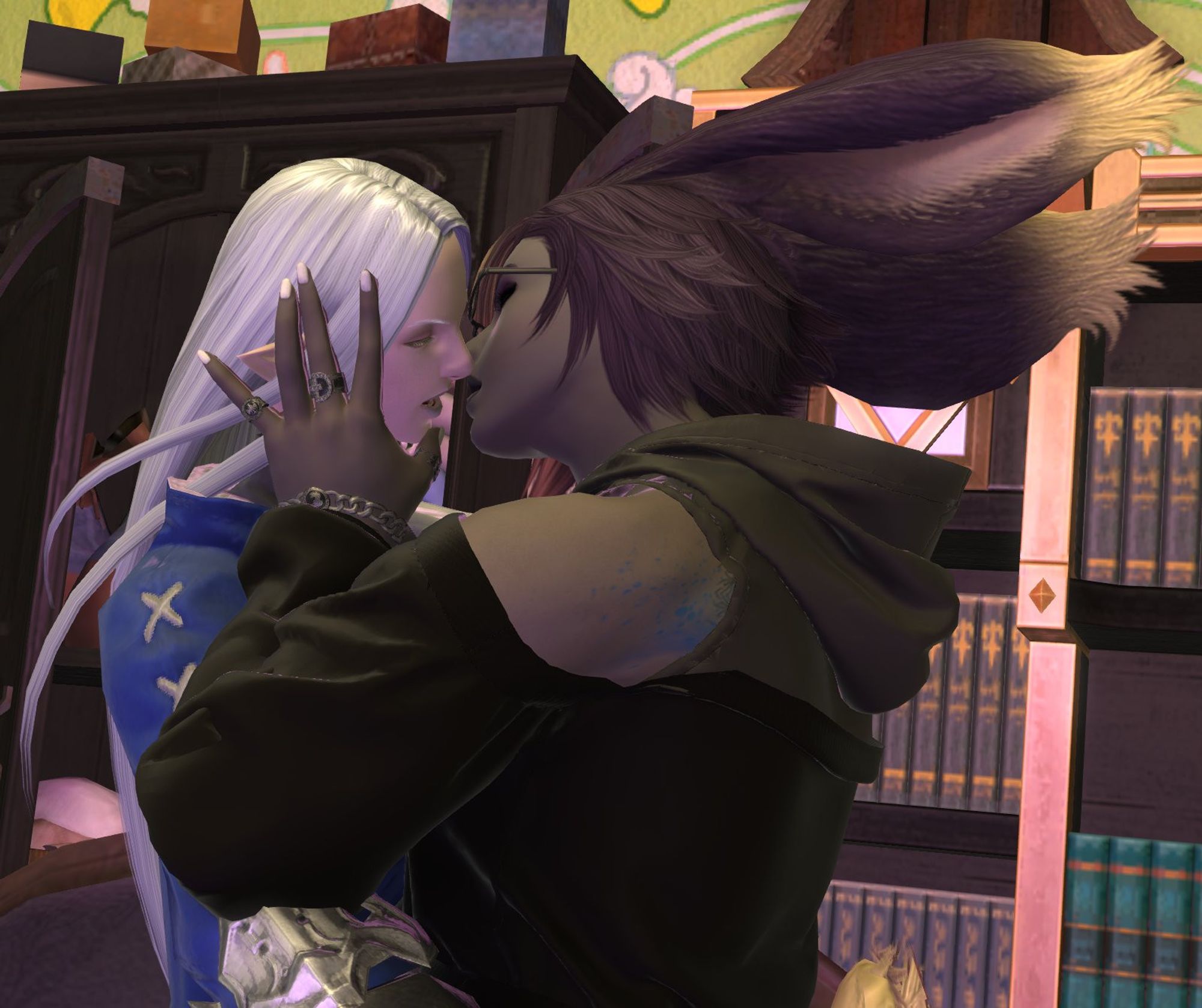 Image is of OP's FFXIV Warrior of Light (WoL) - a purple-haired Viera - in a passionate embrace with Ysayle Dangoulain, leaning in for a kiss. Her hand is placed gentle on Ysayle's face.