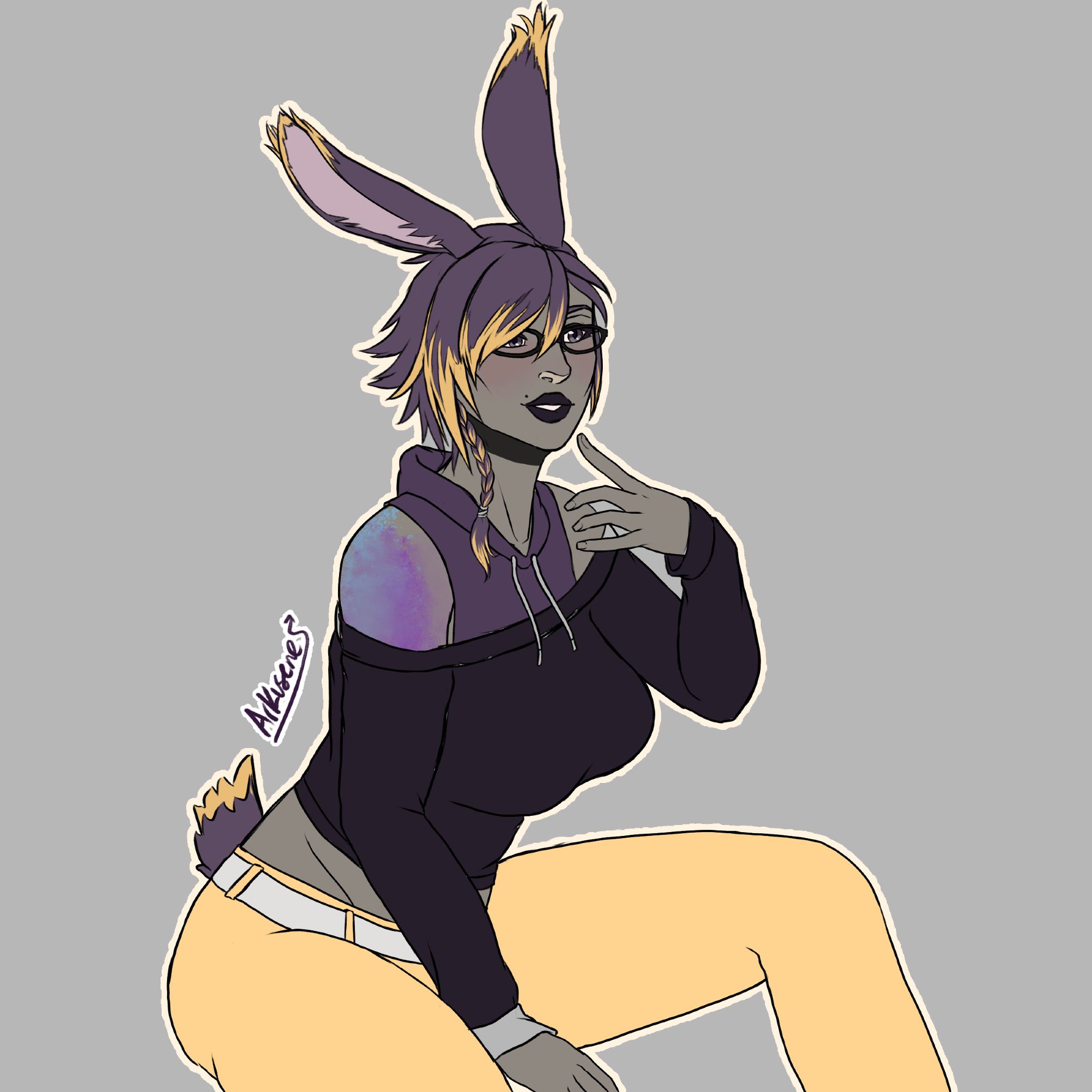 Image is of a purple-haired Viera (bunny-folk from Final Fantasy) sitting and holding a hand to her chin. She is smiling and looking off-camera with a coy expression. She has a colorful tattoo on one shoulder, and is wearing a dark crop hoodie and bright yellow pants.