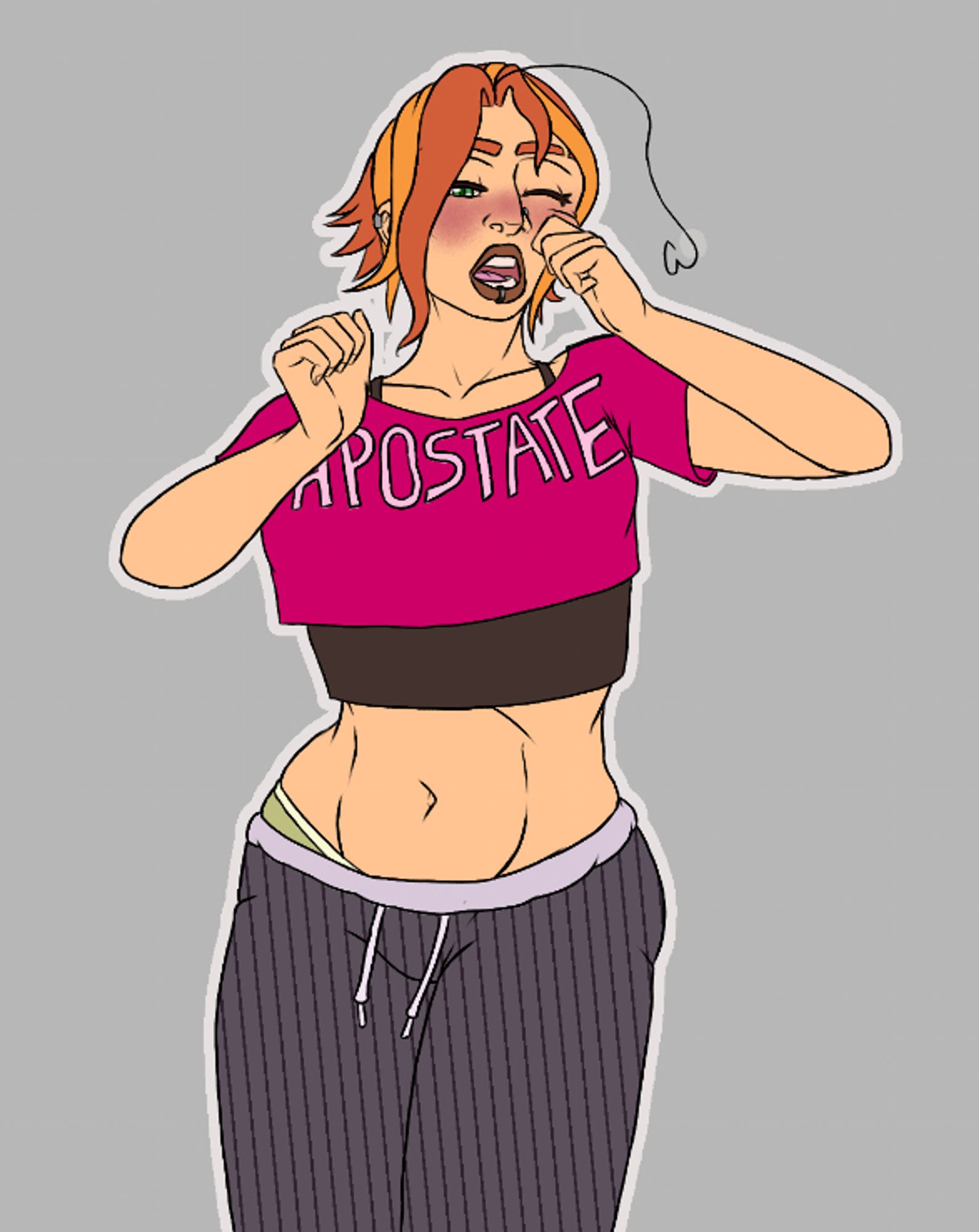 Image is an illustration of an orange haired woman in her pajamas - a pink crop-top that reads "APOSTATE" across the chest and striped sweatpants. She's yawning and rubbing her face.