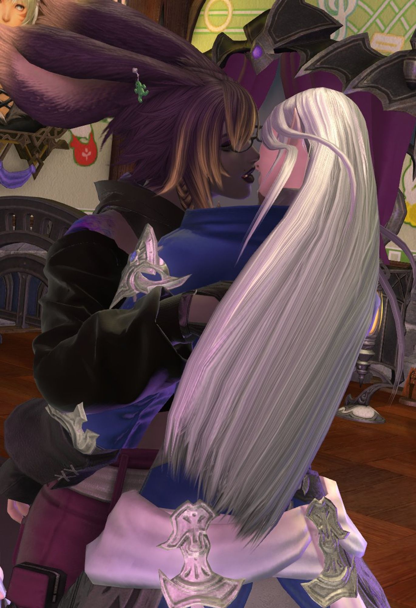 Image is of OP's FFXIV Warrior of Light (WoL) - a purple-haired Viera - in a passionate embrace with Ysayle Dangoulain, leaning in for a kiss.