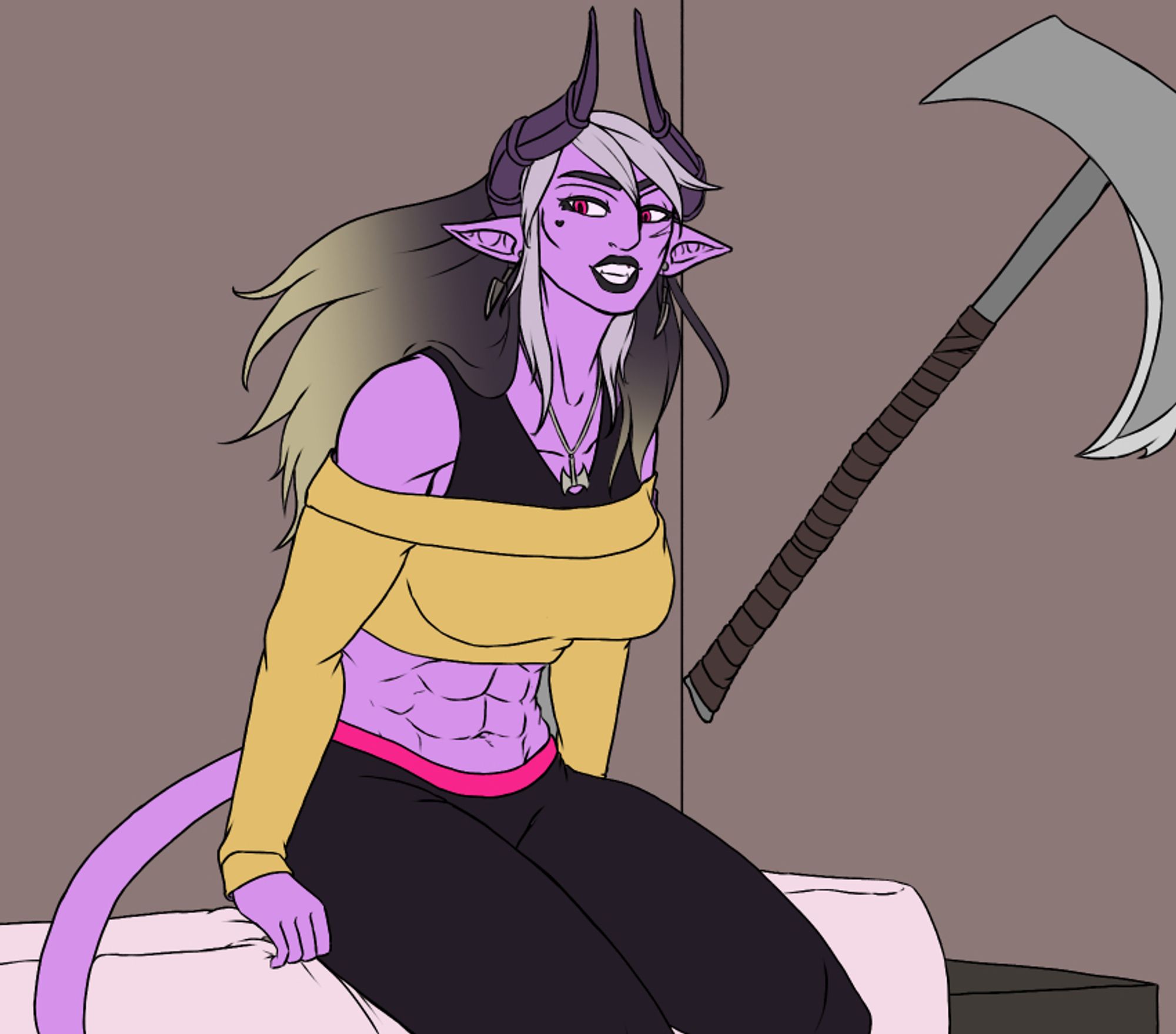 image depicts a tall, muscular demon woman with curved horns and a tail that curls around and downwards. She's looking towards the viewer with a grin as she leans forward off of the bed she's sitting on. There is a large greataxe mounted on the wall behind her.