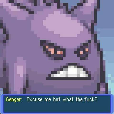 An image of Gengar vociferously voicing his disbelief.