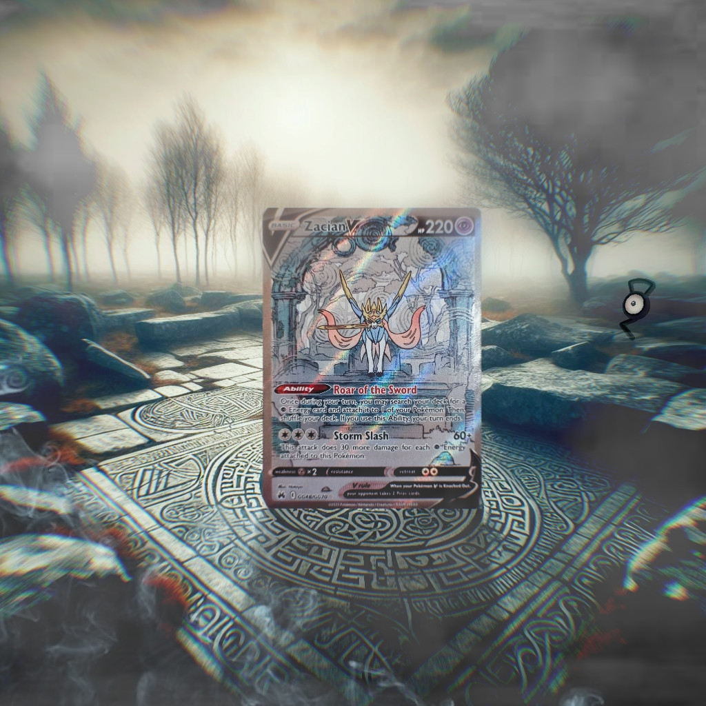 A photo edit of a pokemon card of zacian V. In the picture you can see misty mysterious ruins with a celtic style floor surrounded by big boukders and what appears to be the remains of a olden tempel. In the middle there is the trading card of zacian v. The whole place is engulfed in a thick mist and in the background you can see the pokemon unown sneakily being next to a tree.