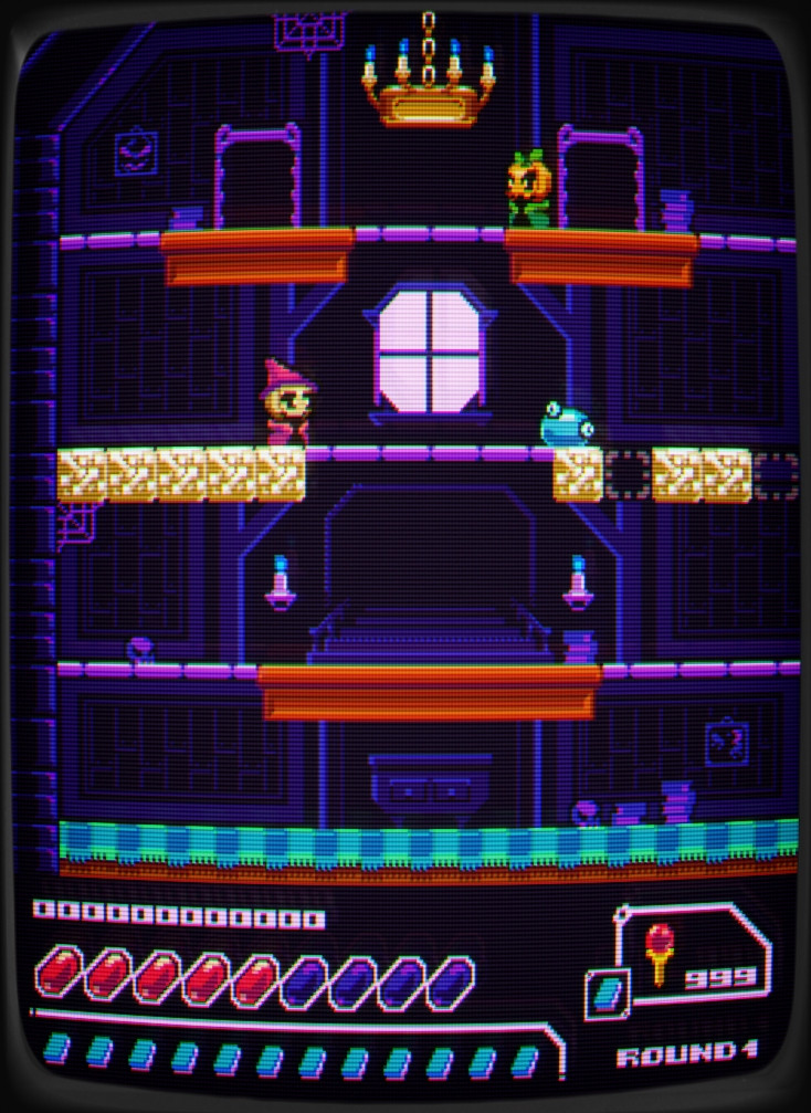 Screenshot of a mockup for a jam game, you can see the 2 main characters (an onion and a pumpkin) are inside a mansion, with lots of decoration around. It also has a CRT filter applied to it!