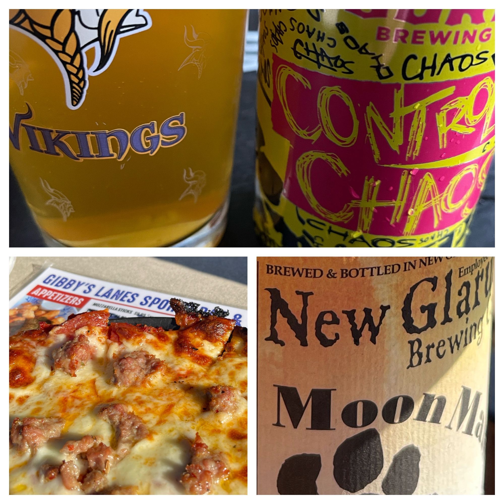 vikings glass of beer, moon man beery by new glarus, bar pizza by gibby's lanes in new richmond wisconsin