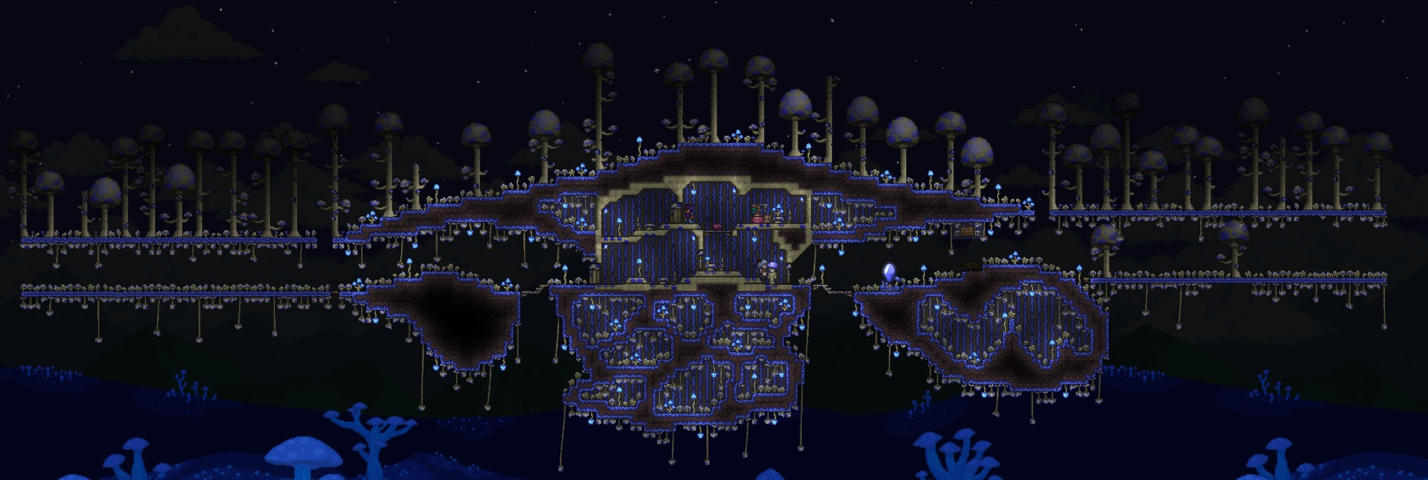 A Mushroom island floating in the sky, overgrown with blue mushrooms.