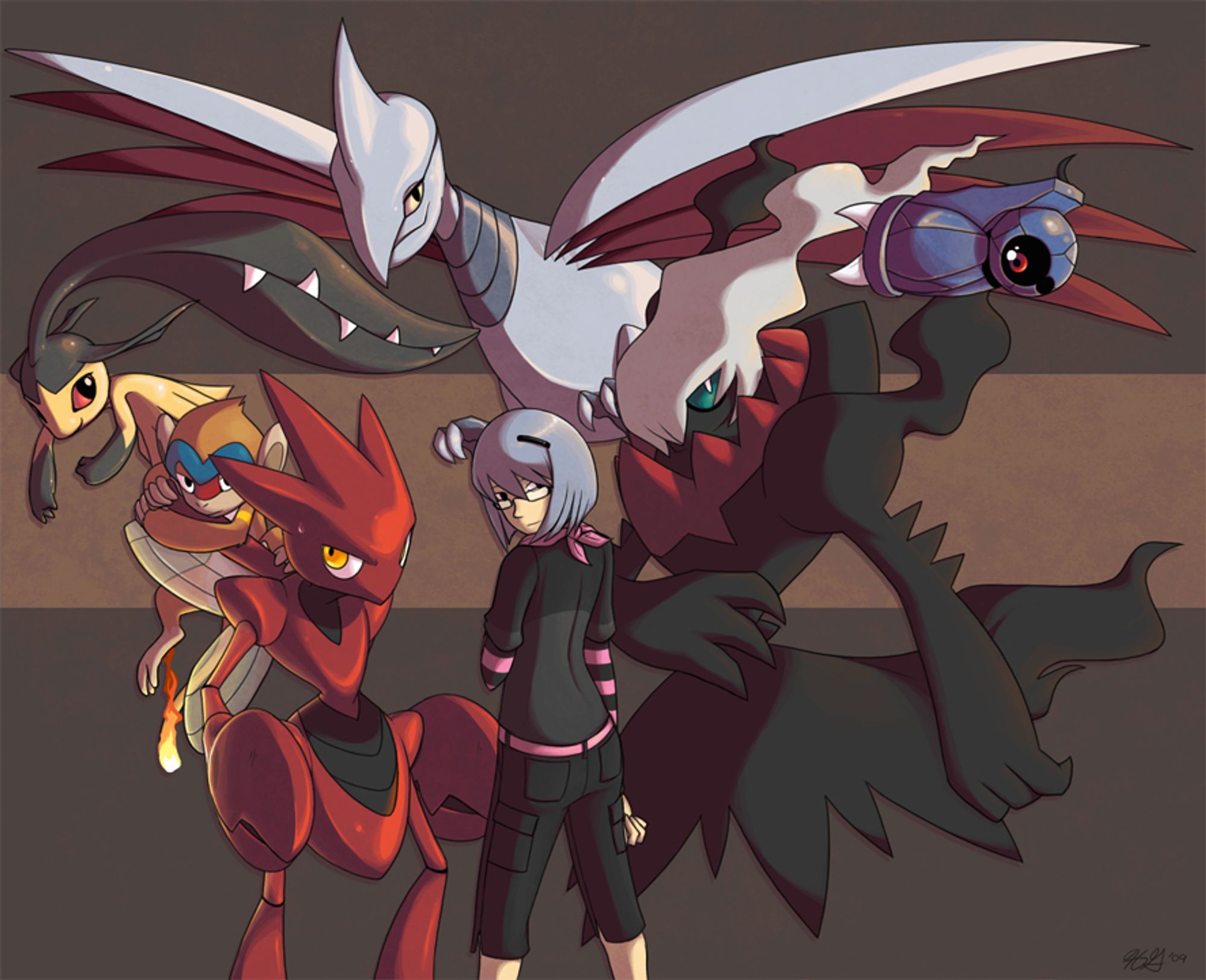 A pokemon trainer with her scizor, monferno, mawile, skarmory, beldum, and darkrai.