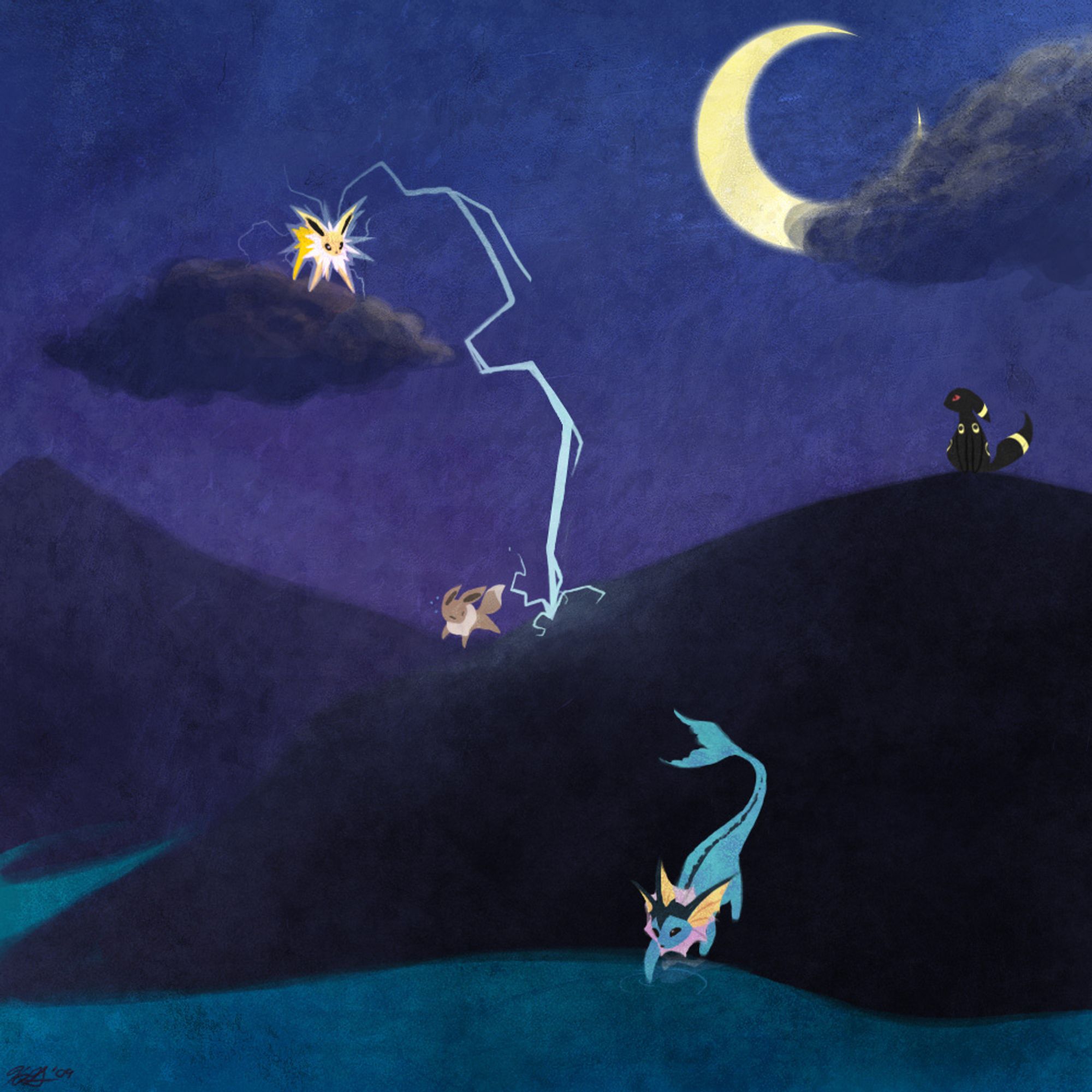 A jolteon blasts thunder from a cloud and almost strikes an eevee below. Nearby is a vaporeon pawing at water and an umbreon sitting at the top of a hill.