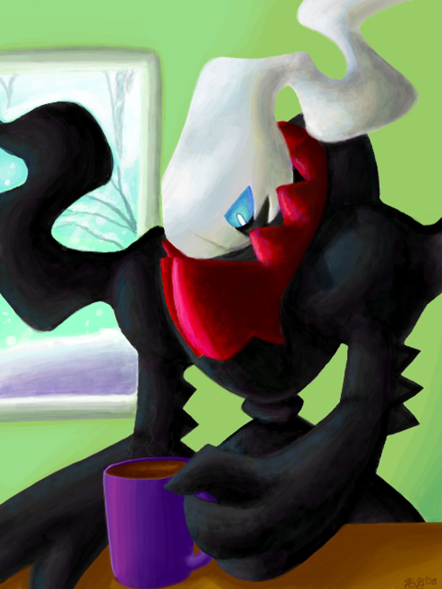 Darkrai in a house with a cup of hot chocolate??