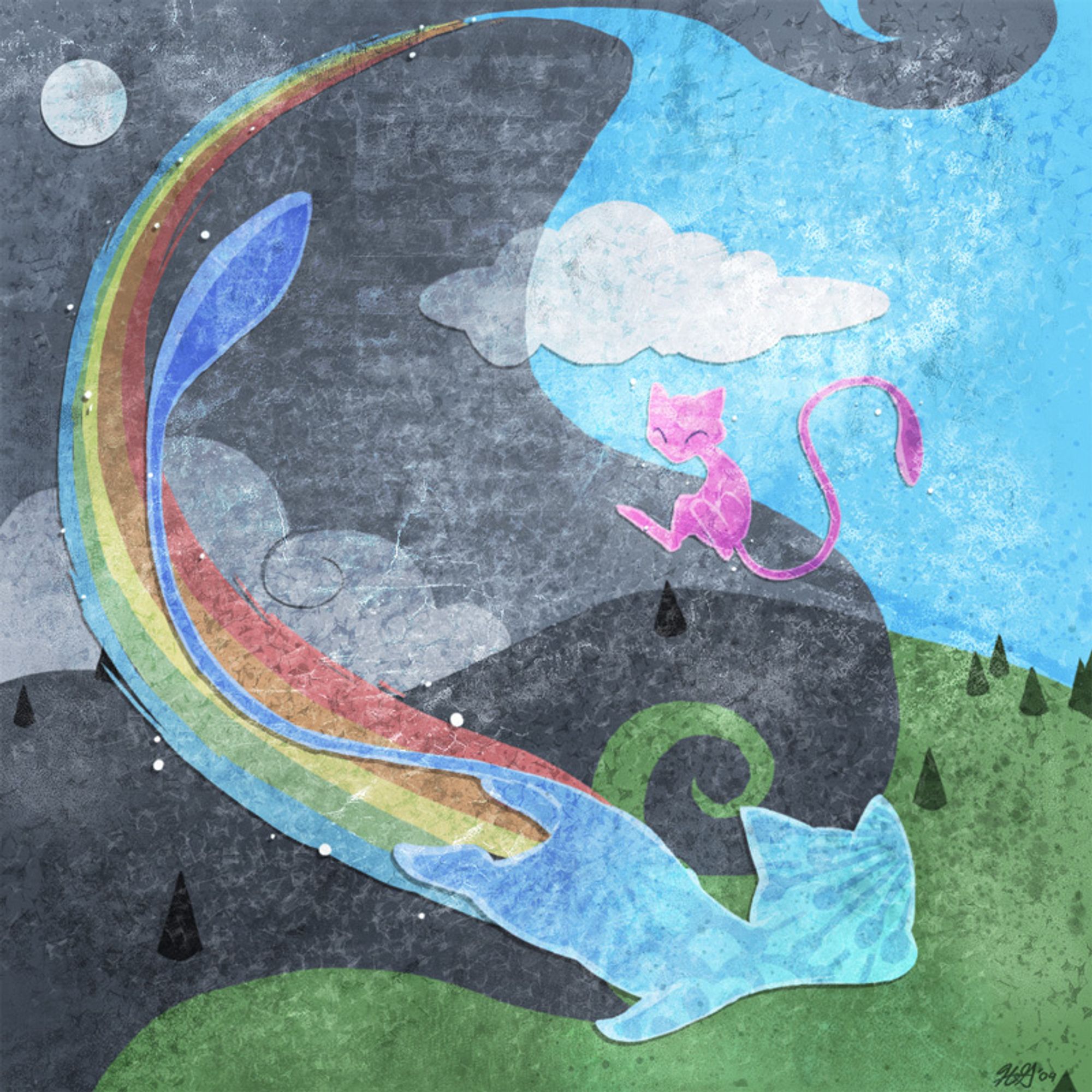 A shiny mew and a regular mew colour the sky. Done in a paper cutout style.