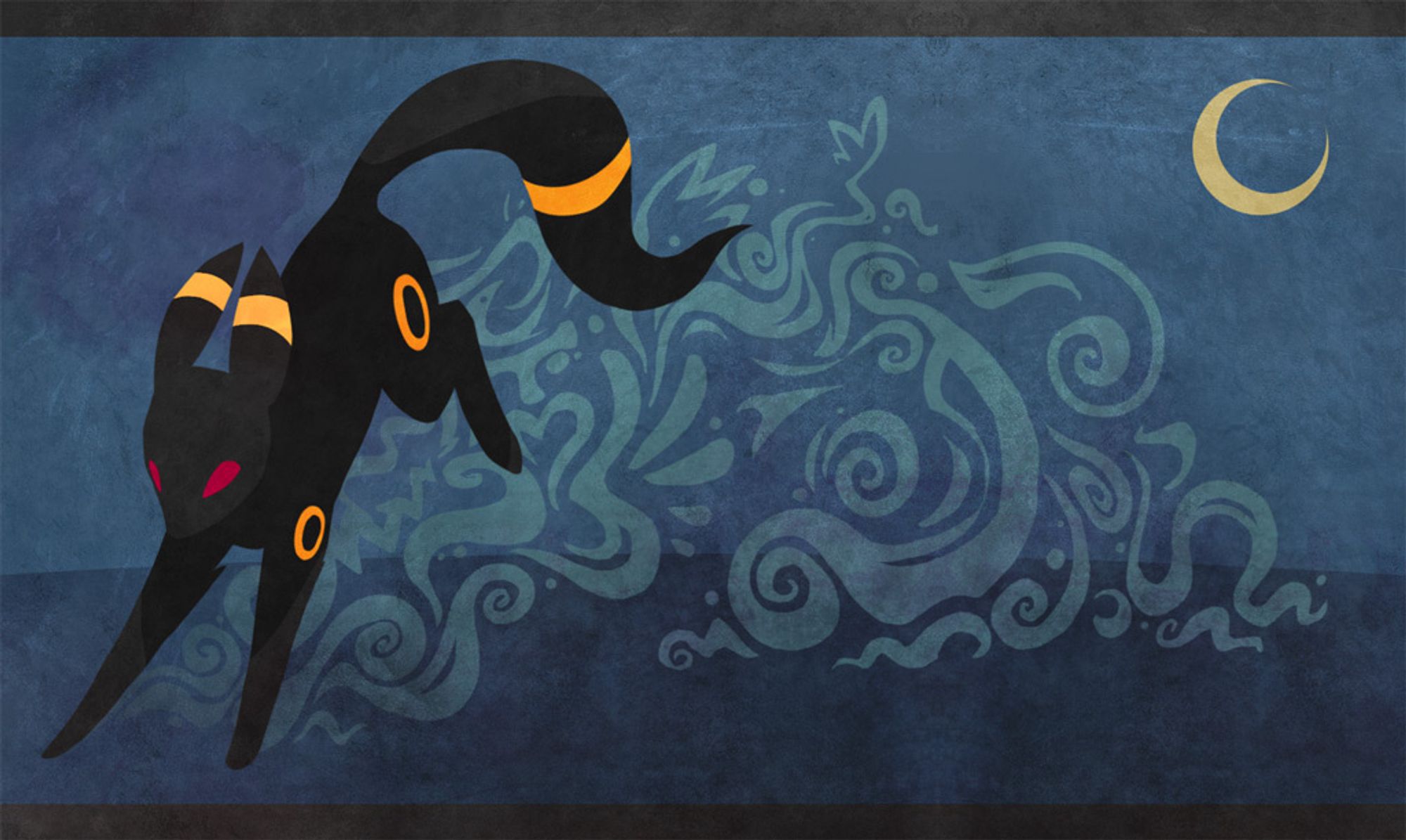 An umbreon runs to the left, leaving a stylized cloud behind it.