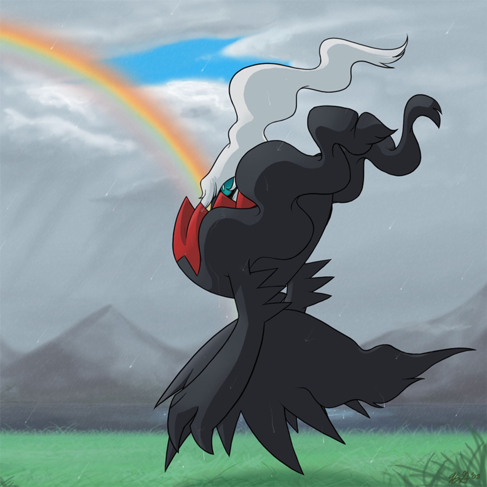 Darkrai watching a rainbow in the distance.