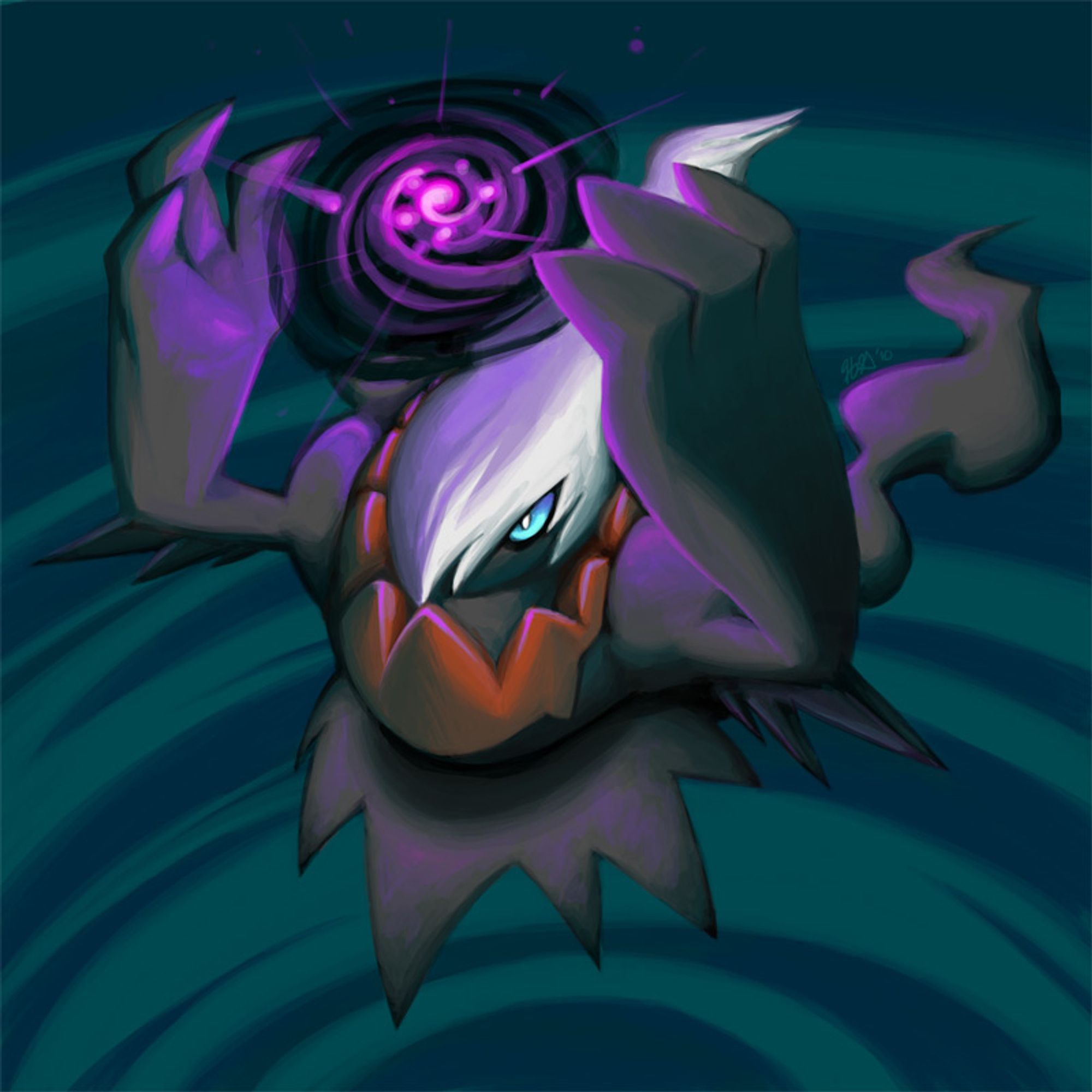 Darkrai as seen from above, holding his hands up to perform Dark Void.