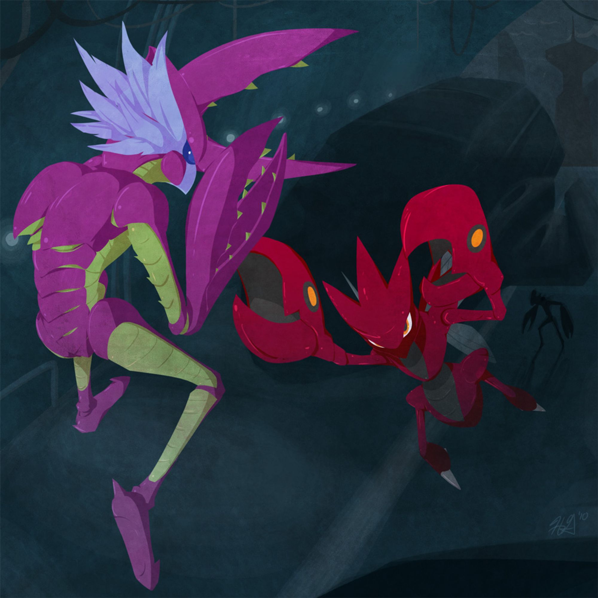 A scizor engages in battle with a space pirate (metroid).