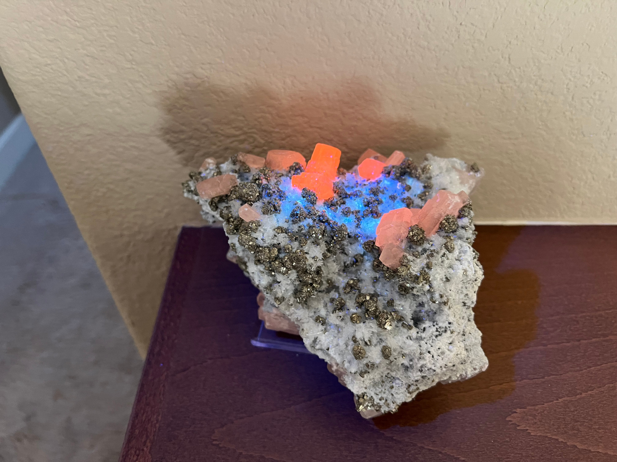 A huge mineral specimen dotted with chalcopyrite, pyrite, and sphalerite in addition to white calcite and quartz crystals. The calcite is turning pink under UV light, while impurities in the quartz are making it turn bluish.