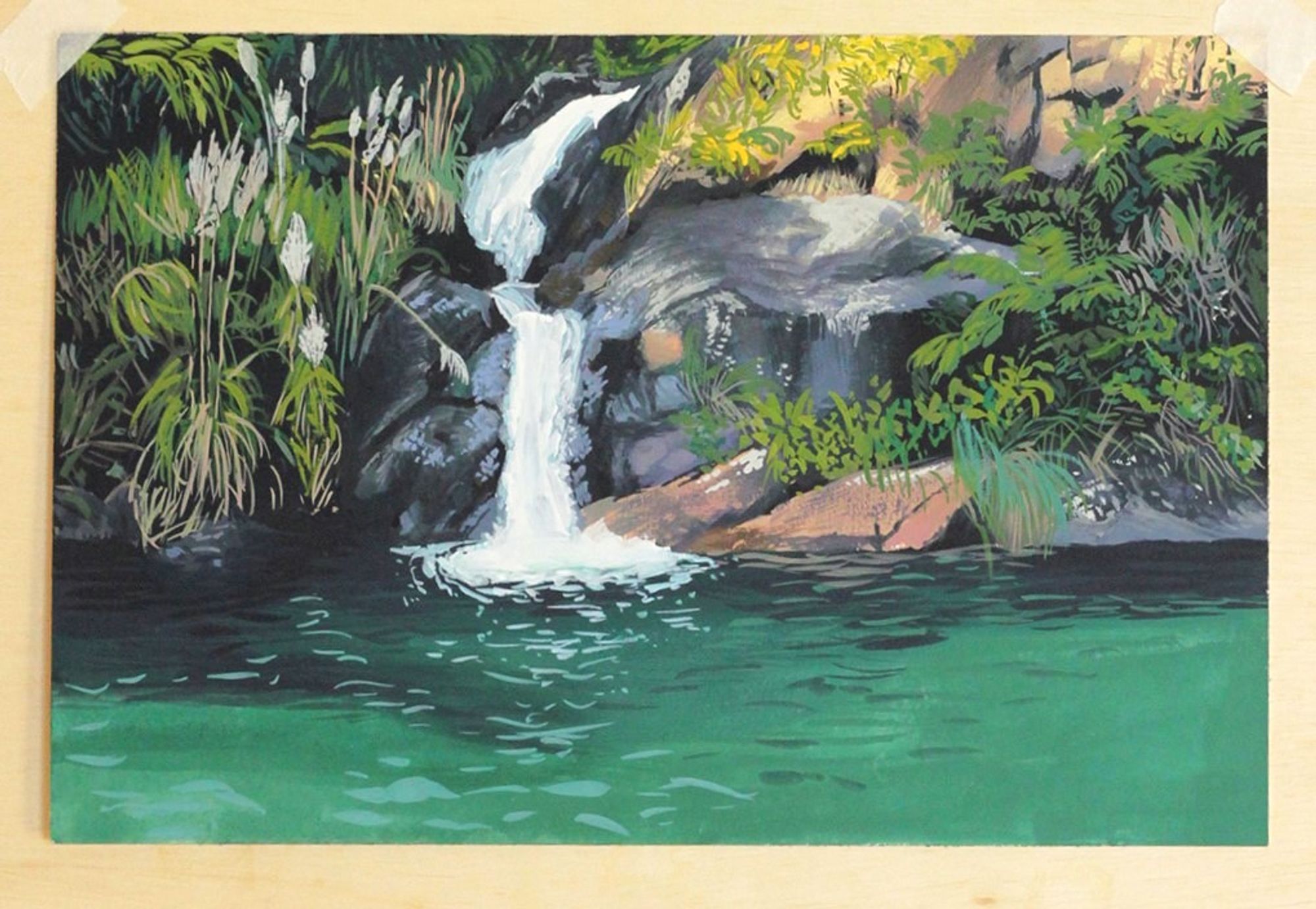 Gouache painting of a small waterfall surrounded by plants and green waters.