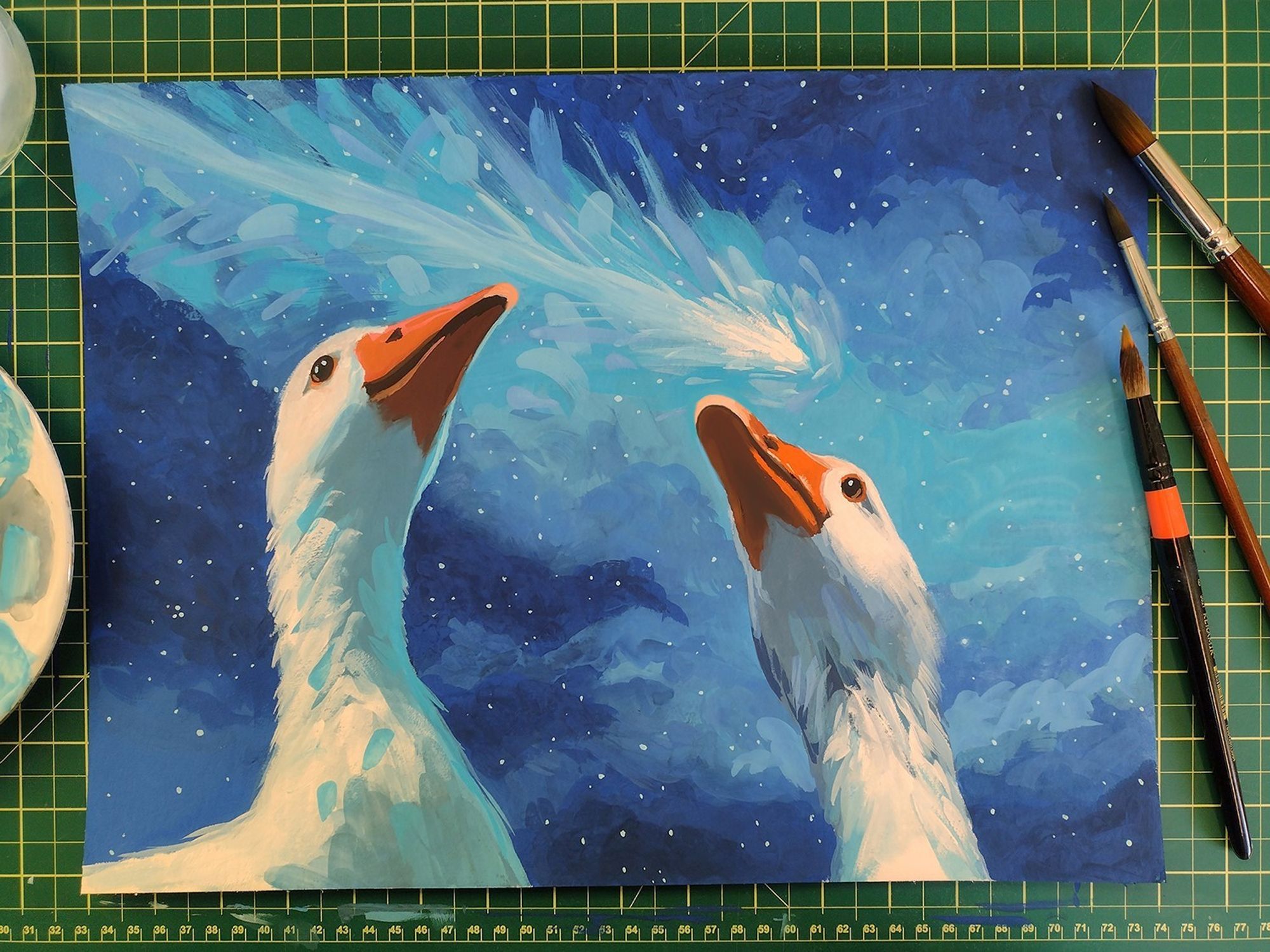 Gouache painting of two white geese watching a meteor crossing the night sky. #animalart #traditionalart