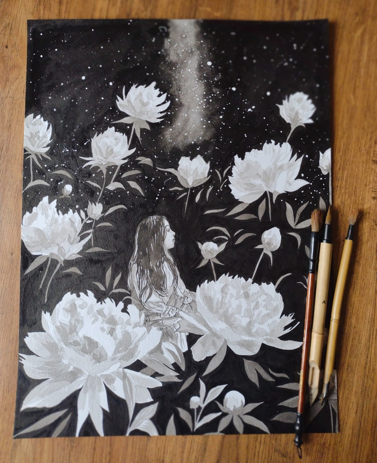 Ink wash painting of a girl sitting on a garden with giant white flowers and a starry night sky.