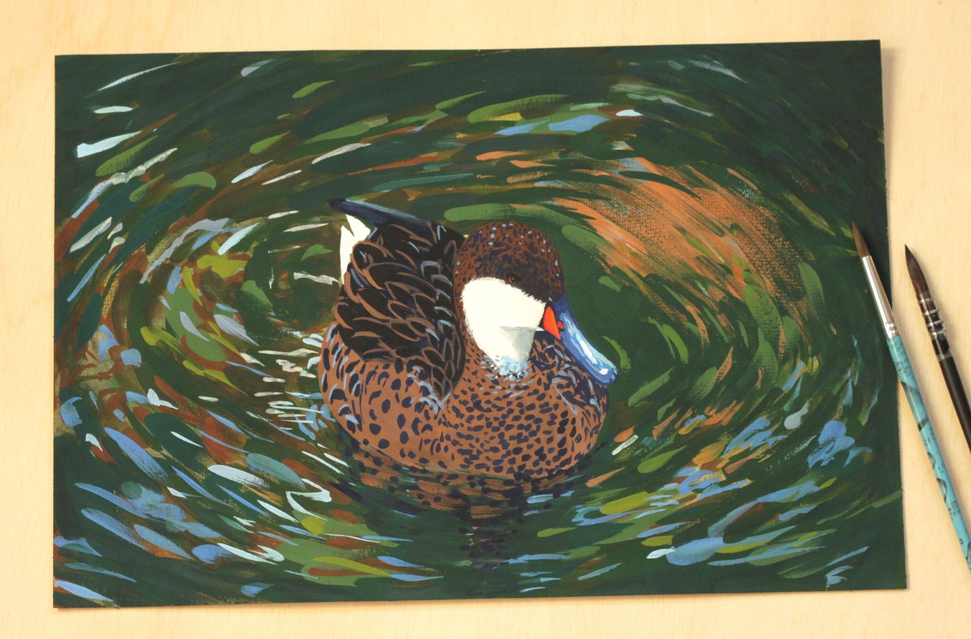 A gouache painting of a duck on green waters. White-cheeked Pintail (Anas bahamensis).