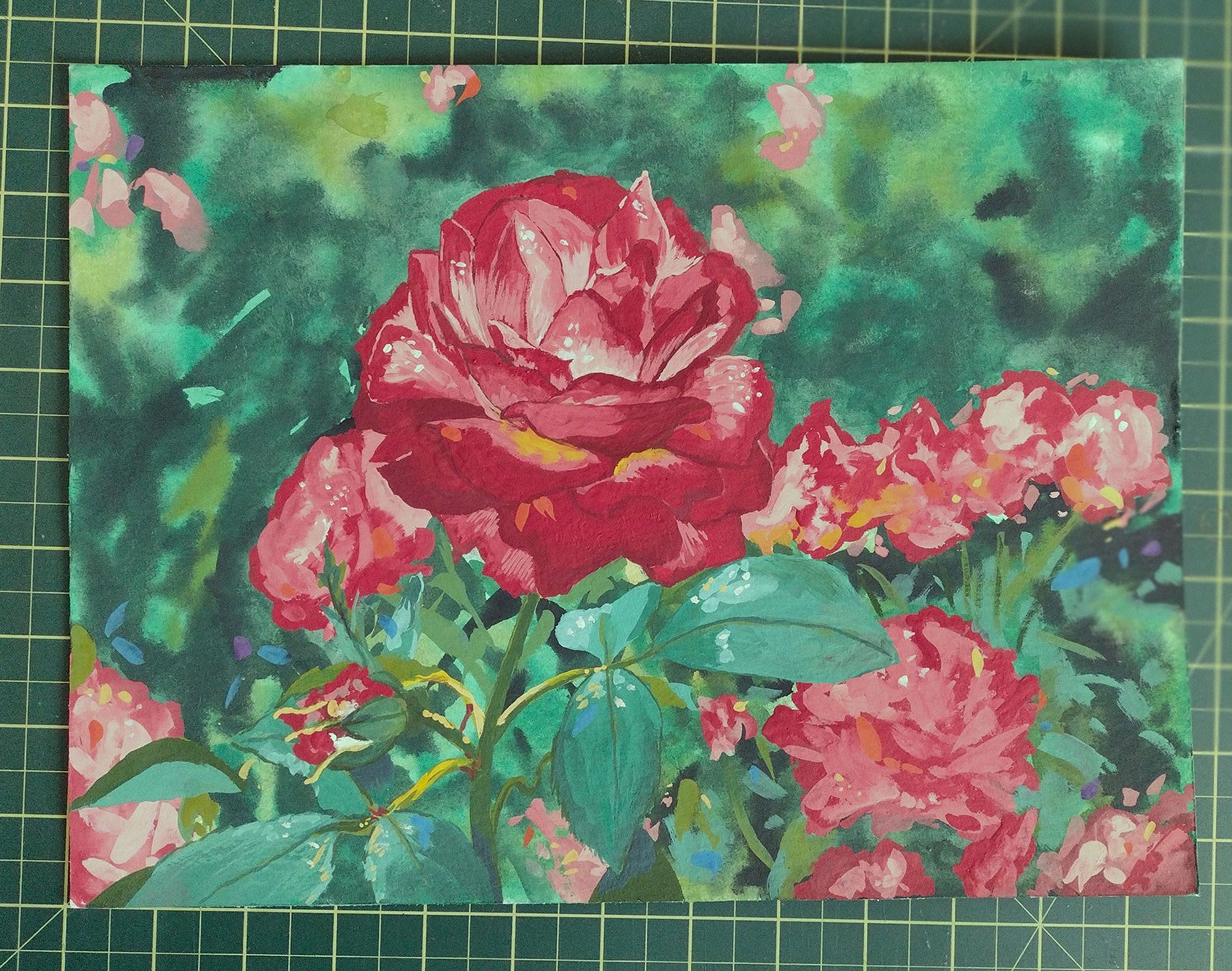 A gouache painting of a rose garden with red and white roses and a green abstract background.