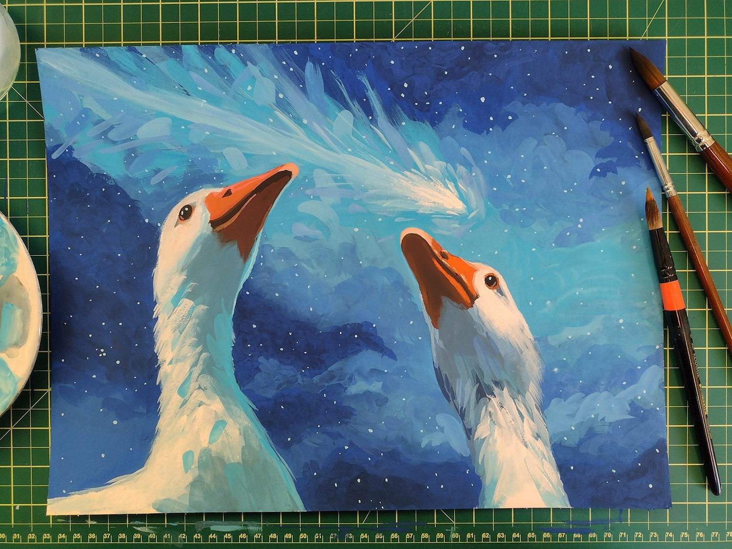 A gouache painting of two geese looking up watching a meteor cross the night sky.