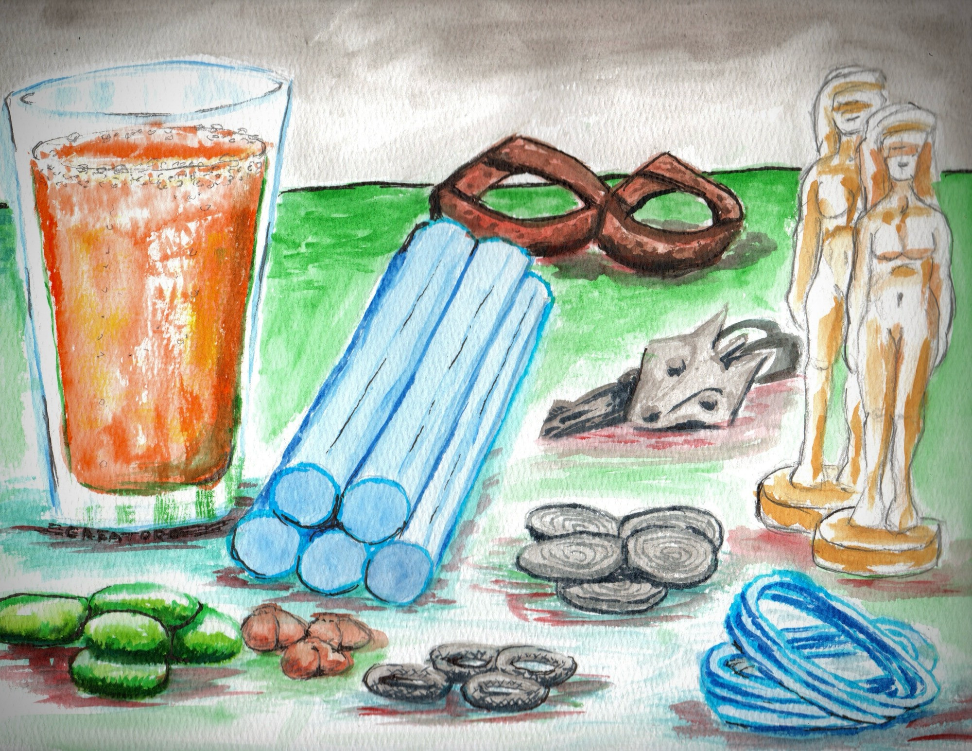 A watercolor of a table holding several ter’angreal and a beer. Five green stones, three butt rocks, four silver rings with weaved bands, five discs with swirls on the face, two glass bracelets, five glass rods, a fox head medallion l, two twisted oversized rings, and two alabaster figurines.