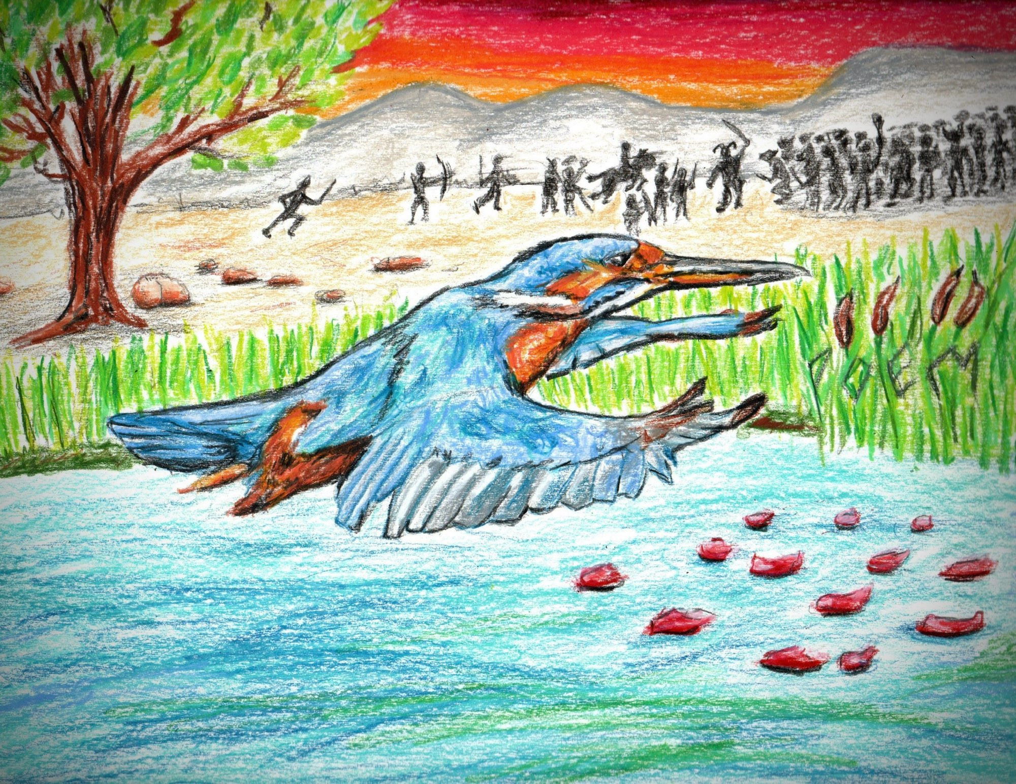 A color pencil drawing showing a kingfisher flying over a pond with rose petals as described in the poem. In the background is a leafy tree off to the left an a bright sky transitioning to dark purple. Just in front of the soft grey mountain are men fighting a horde of trollocs. 