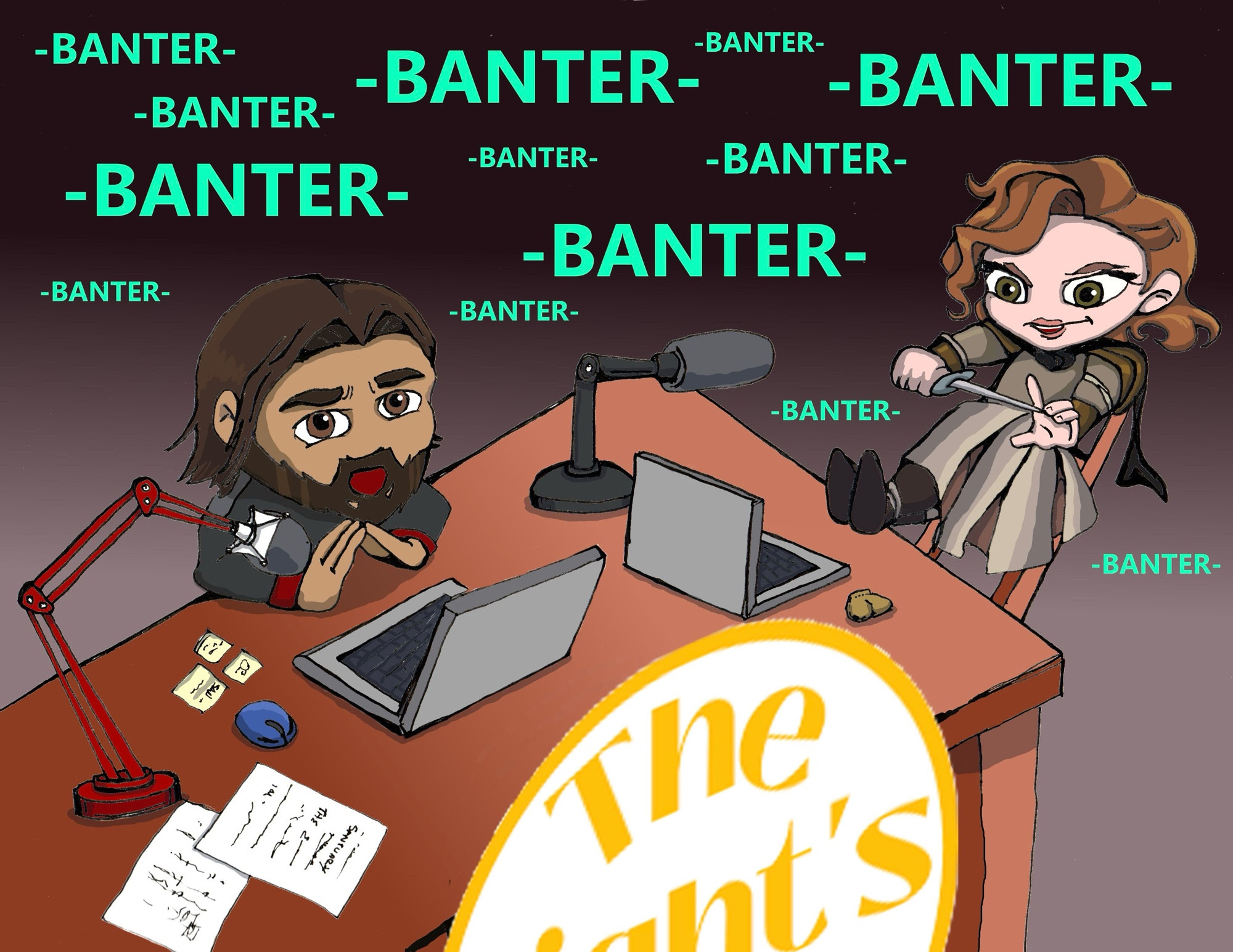 A drawing digitally colored showing Anas and Grace’s Chibi at a desk recording a podcast at a desk with laptops and mics. Anas Asha’man chibi is leaned forward with hands tented touching at fingertips. Grace’s Aiel chibi has her leaning back, feet on the desk cleaning her nails with her knife. Above their heads is the repeated word ‘Banter’.