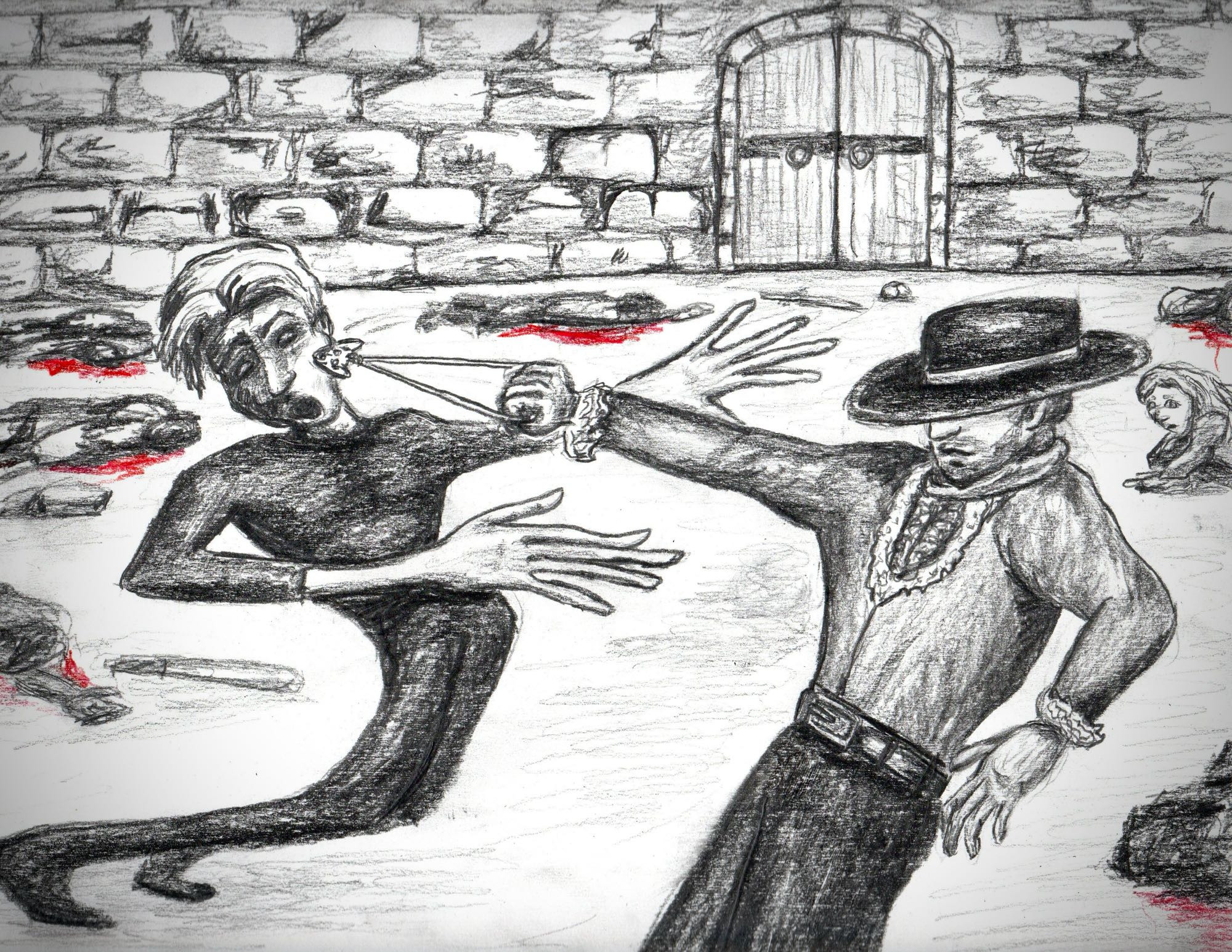 A pencil drawing of Mat (wearing his black broad rimmed hat a shirt with lace and black pants) is swing his fox head medallion around at the gholam who seems to bending unnaturally to avoid being touched. There is a brick wall with a wooden door in the background five or six bodies litter the ground with blood pooling under them. One figure at the right side looks to be lifting their head up off the ground as if coming to consciousness.