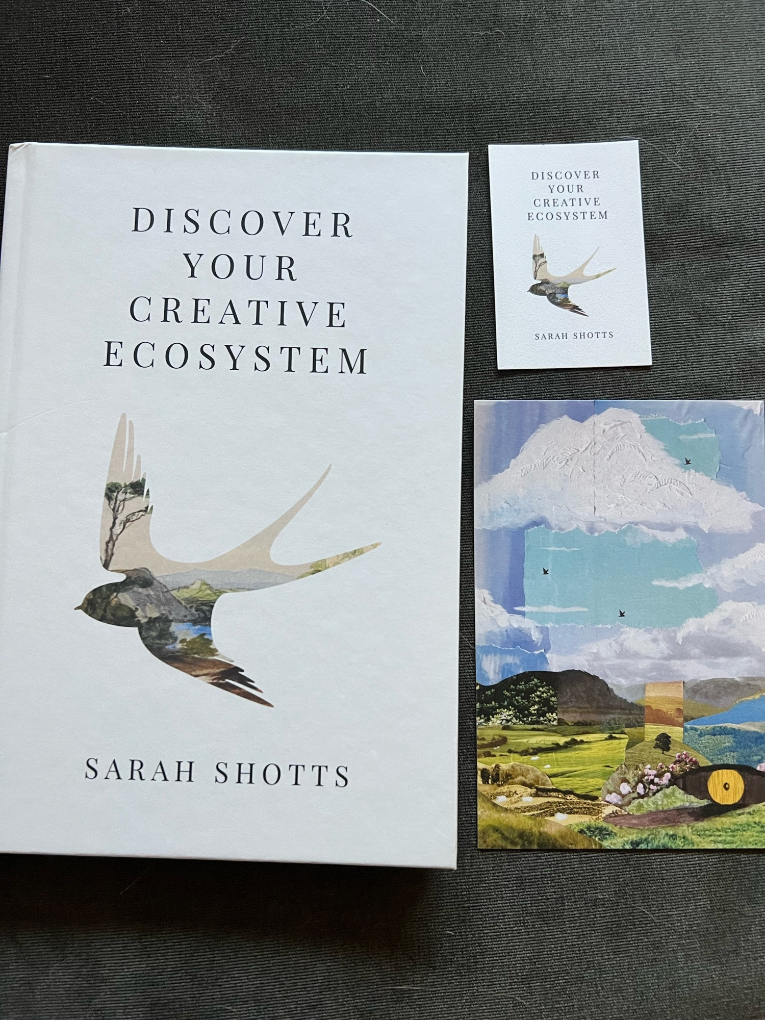 A photo of a book, postcard and business card. The book and business card have a title ‘Your Creative Ecosystem’ with a silhouette of a swallow, the positive space of the silhouette being a painted landscape. By Sarah Shotts.