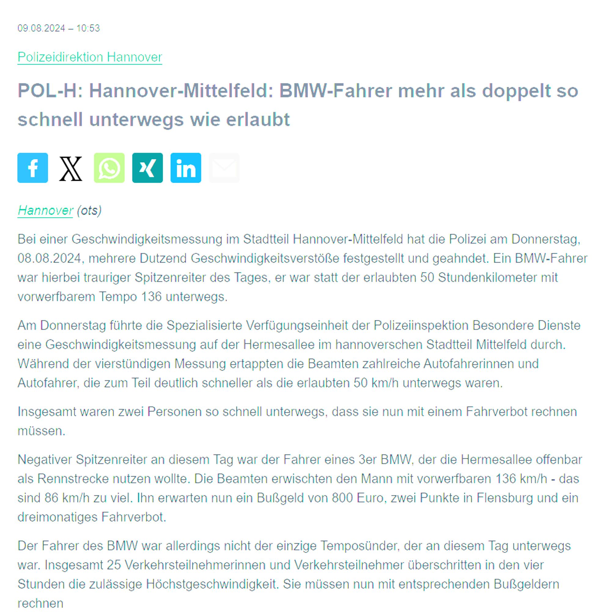 Screenshot des zweiten Links (Text zu lang für ALT) - nahezu identischer Text, lediglich die Zahlen der Verkehrssünder variieren leicht.