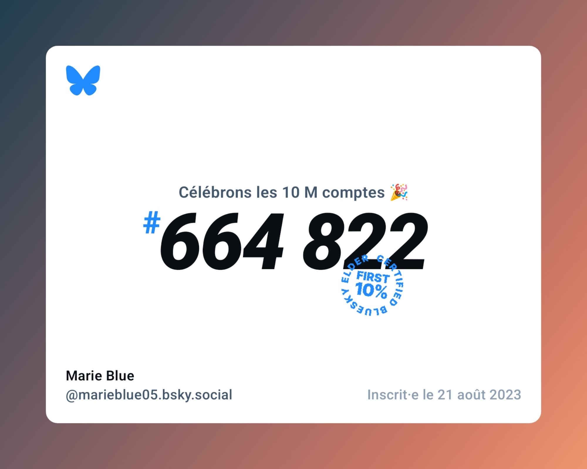 L'espèce de certificat Bluesky qui indique que je suis la n°664822