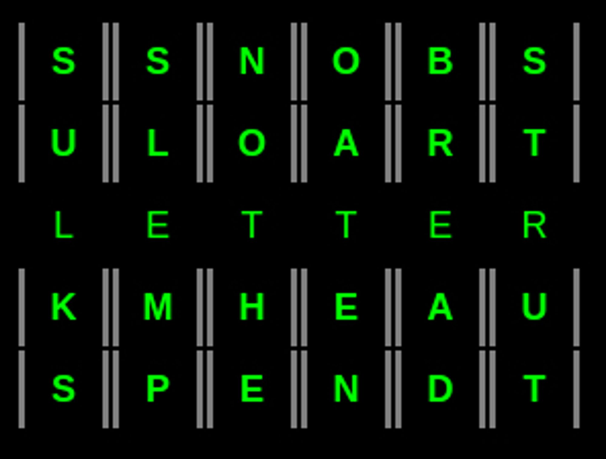 a grid with words written verticallY: sulks, Slemp,Nothe, oaten, bread, strut. The middle letters spell "letter"