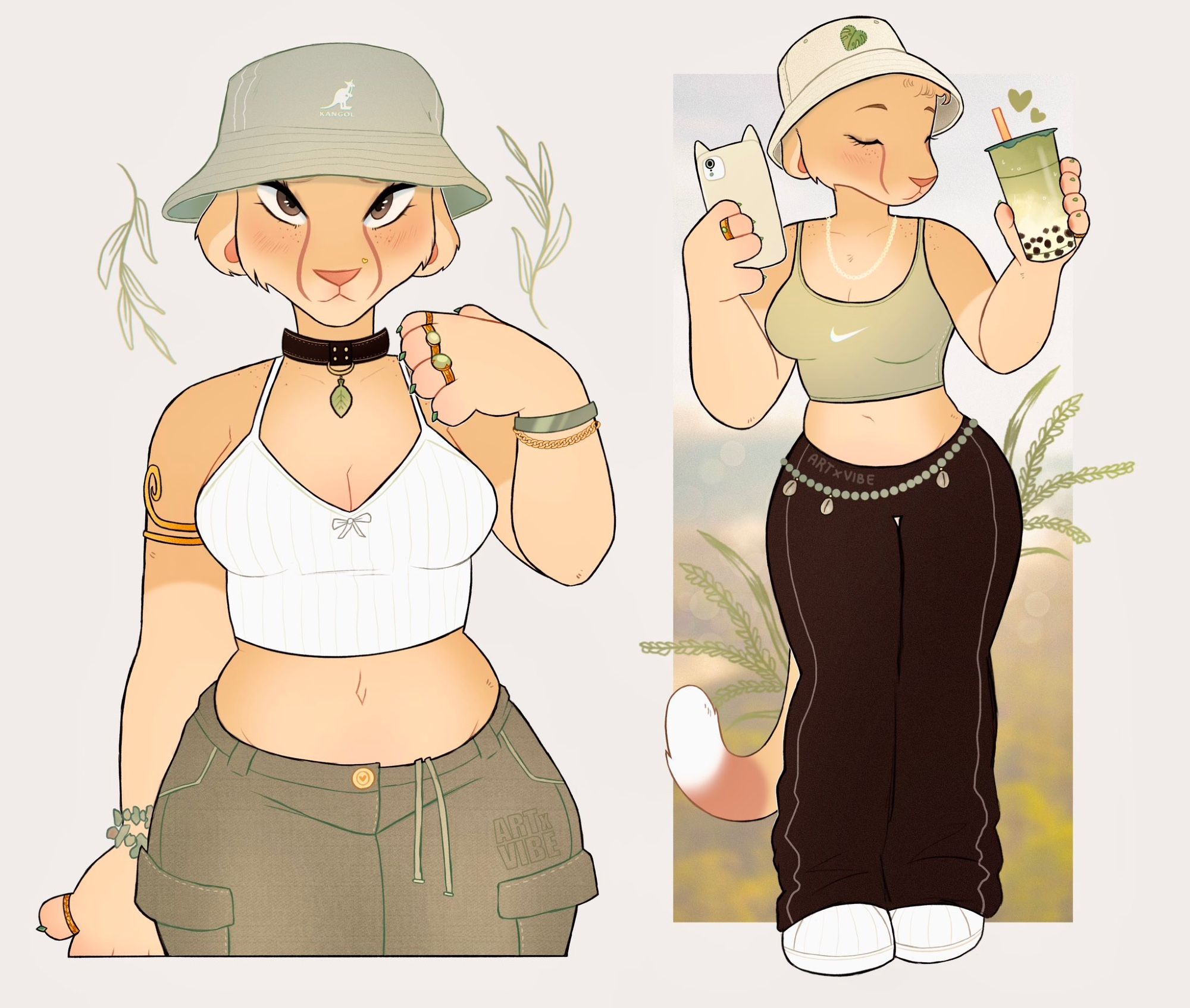 Two drawings of an anthropomorphic lion girl. The left is a drawing from the thighs up, showing her in green cargo pants, a white cropped tank top, and a green bucket hat. On the right she is shown in a full body drawing wearing black pants, a green Nike cropped tank and a white bucket hat with a leaf design. She holds a white phone case in one hand/paw and matcha boba tea in the other.