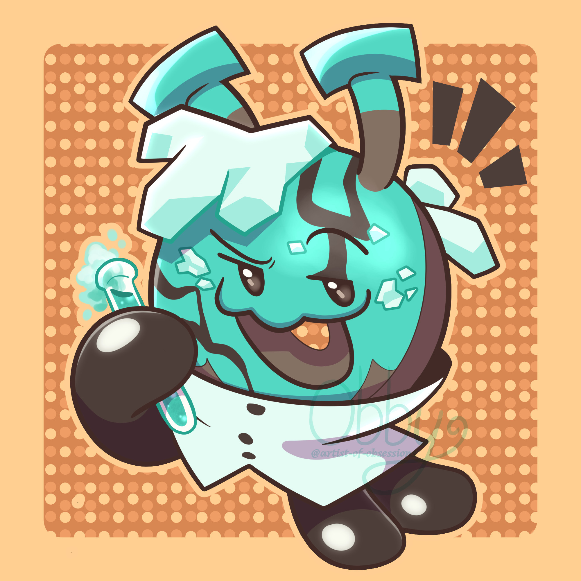 A drawing of a cookie run style character, called Mint Chocolate donut