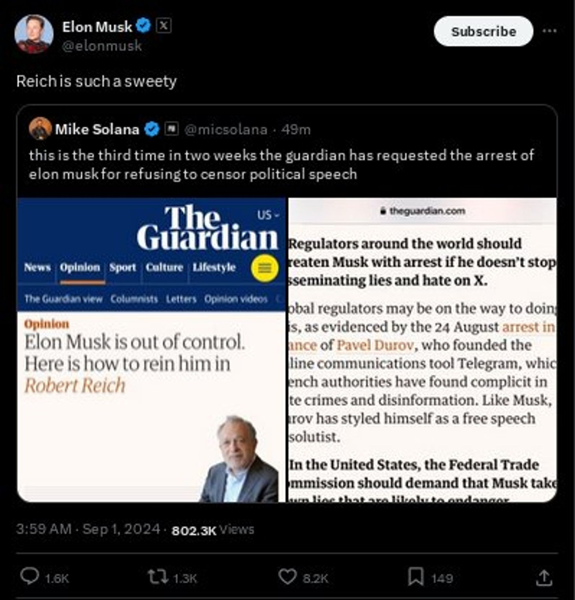 Robert Reich on Elon Musk
Source X, formerly Twitter, 2024 Aug.30