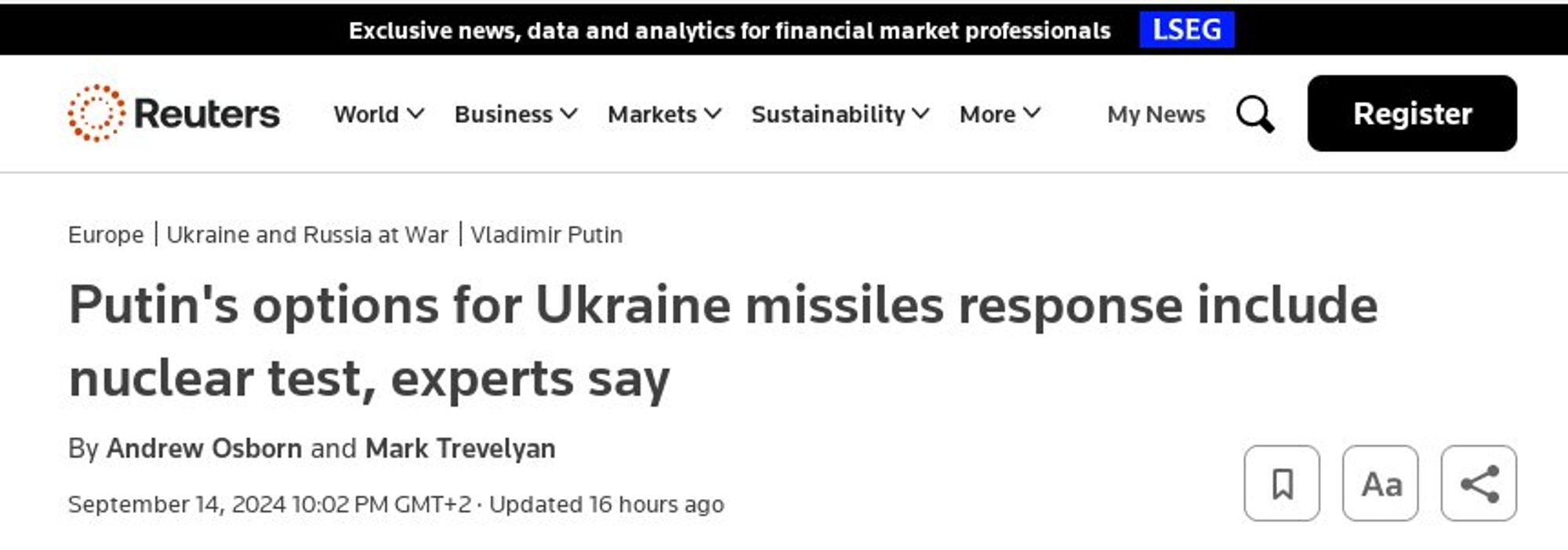 Putin's retaliation to  long-range cruise missiles
Headlines Reuters 2024 Sep.14