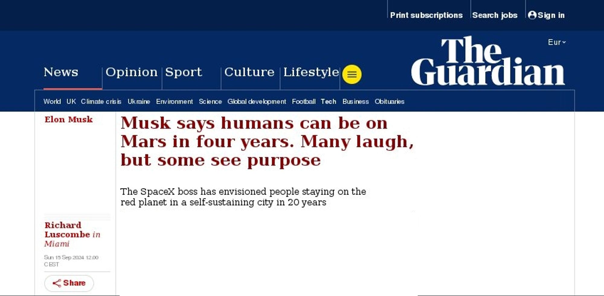 Travel to Mars in four years
Headlines The Guardian 2024 Sep.15